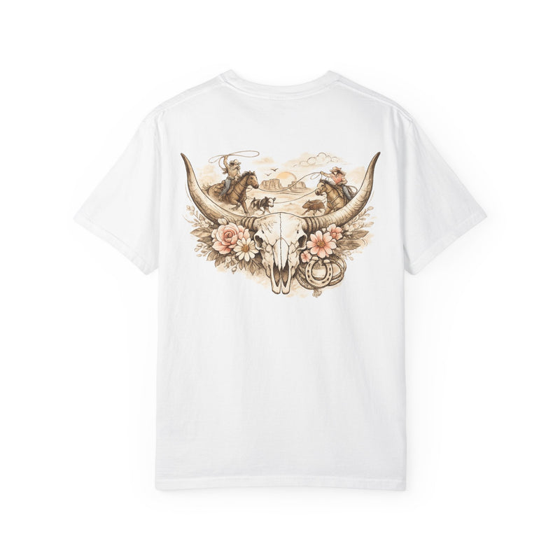Western Steer Skull T-Shirt — Rodeo Cowboy Floral Graphic