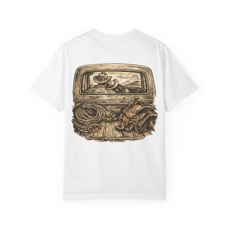 Western Romance T-Shirt — Truck Bed, Hat & Saddle Graphic