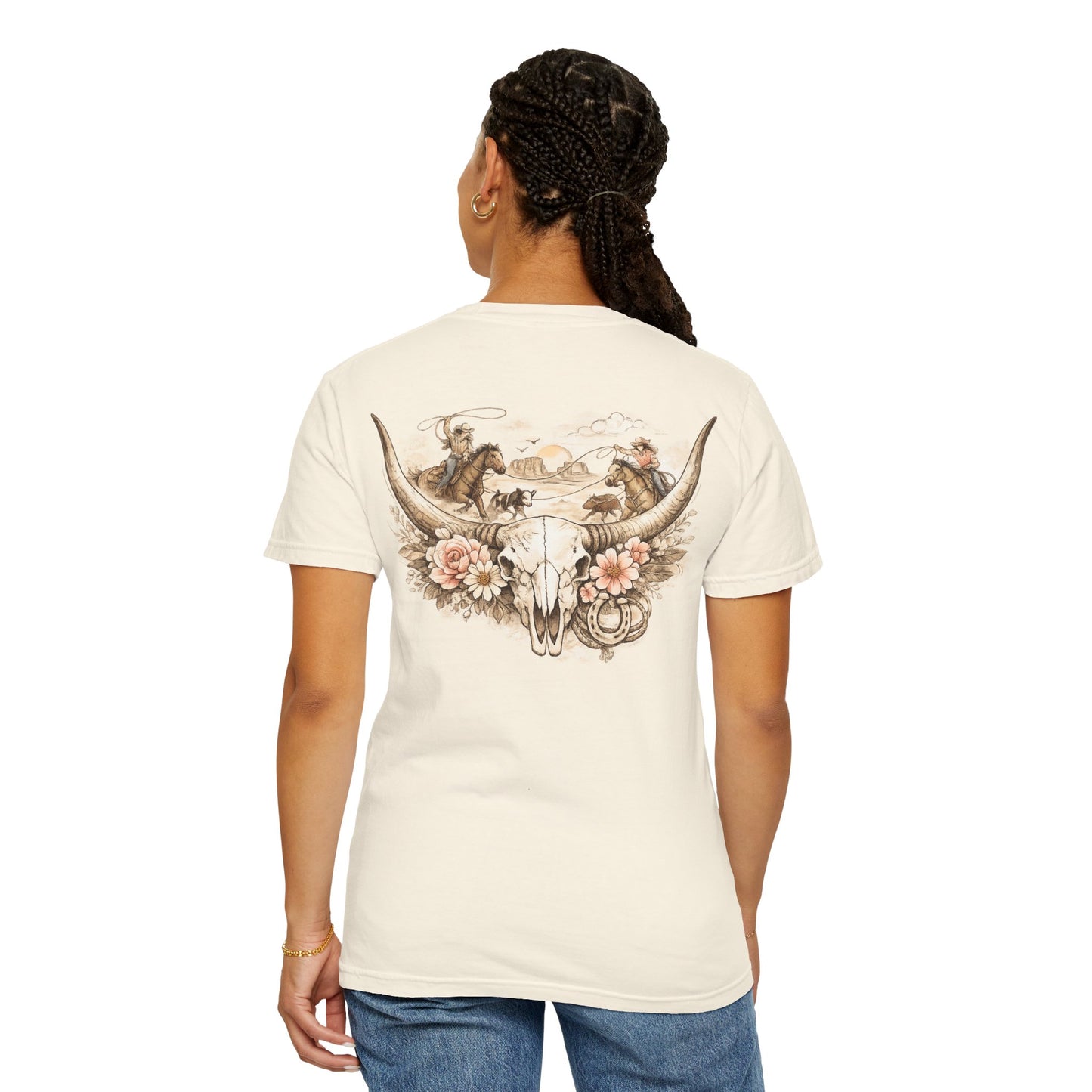 Western Steer Skull T-Shirt — Rodeo Cowboy Floral Graphic