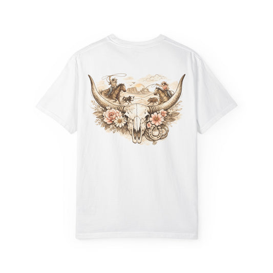Western Steer Skull T-Shirt — Rodeo Cowboy Floral Graphic