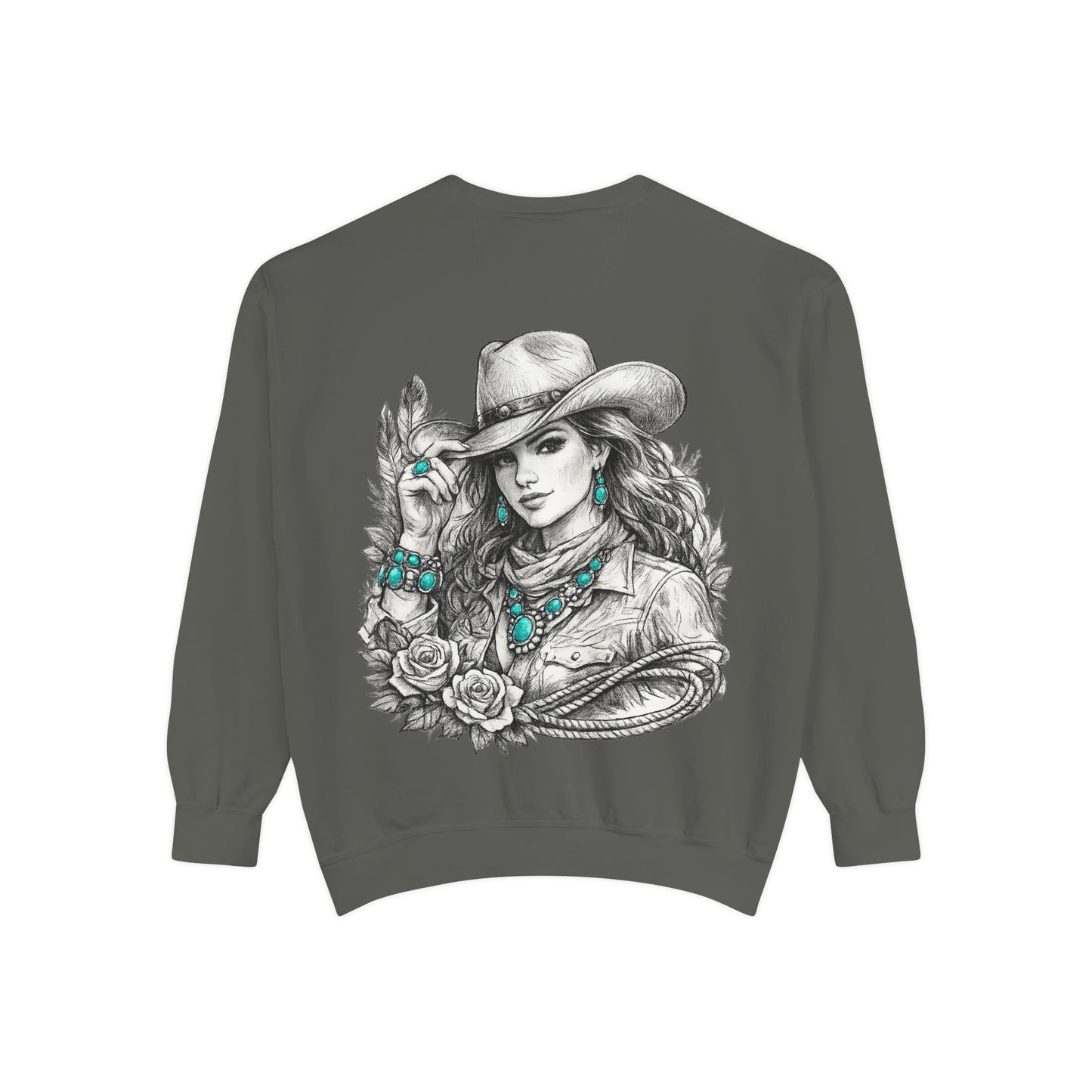 Turquoise Cowgirl Portrait Sweatshirt — Western Turquoise Necklace Graphic