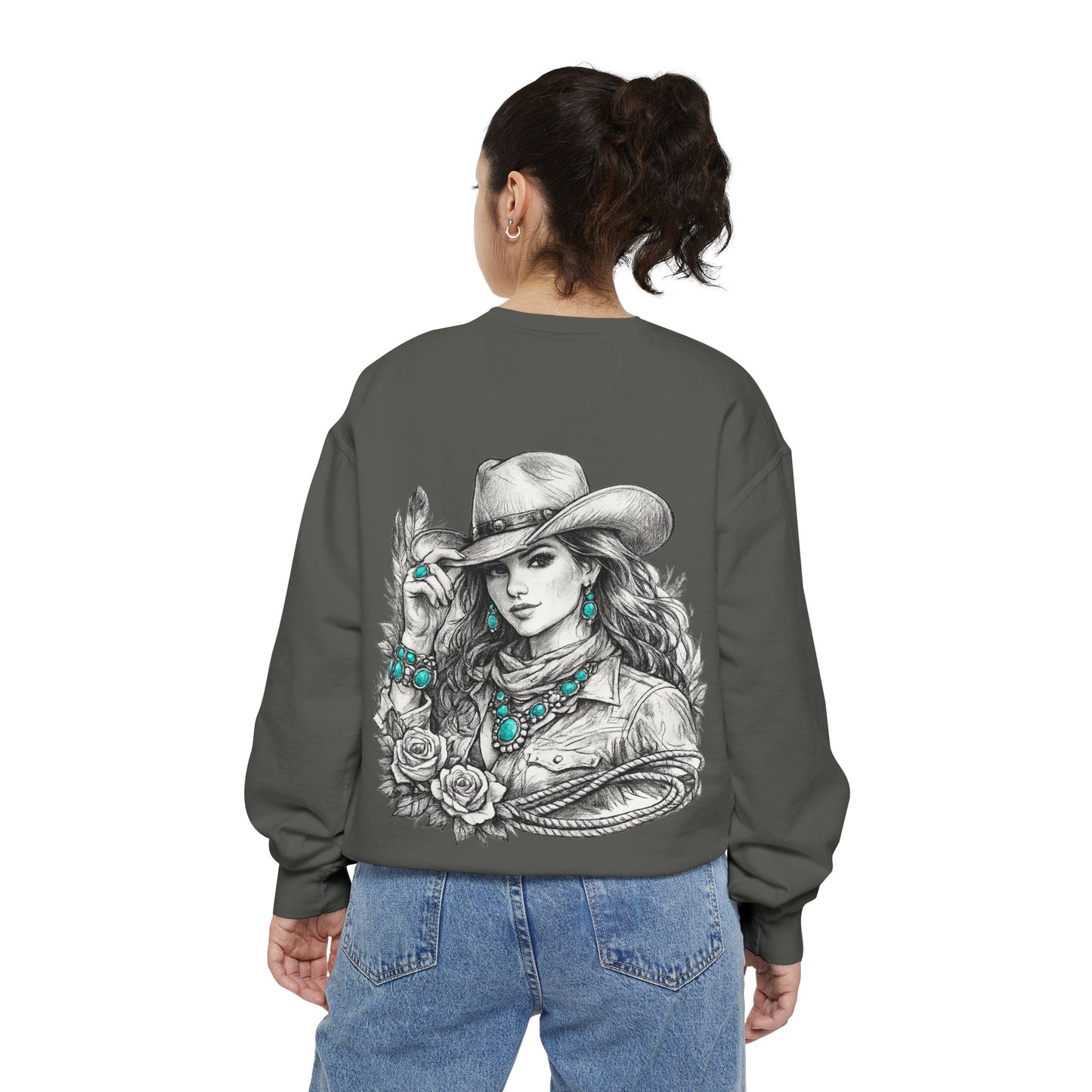 Turquoise Cowgirl Portrait Sweatshirt — Western Turquoise Necklace Graphic