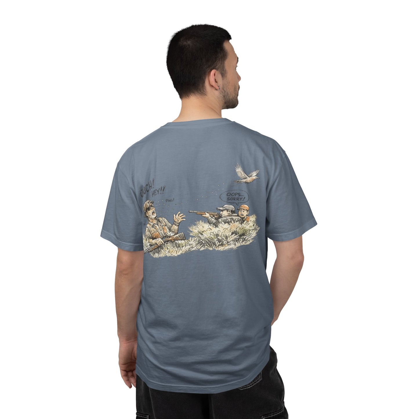 T-Shirt — Funny Dove Hunting Graphic ‘Oops…Sorry!’ Back Print