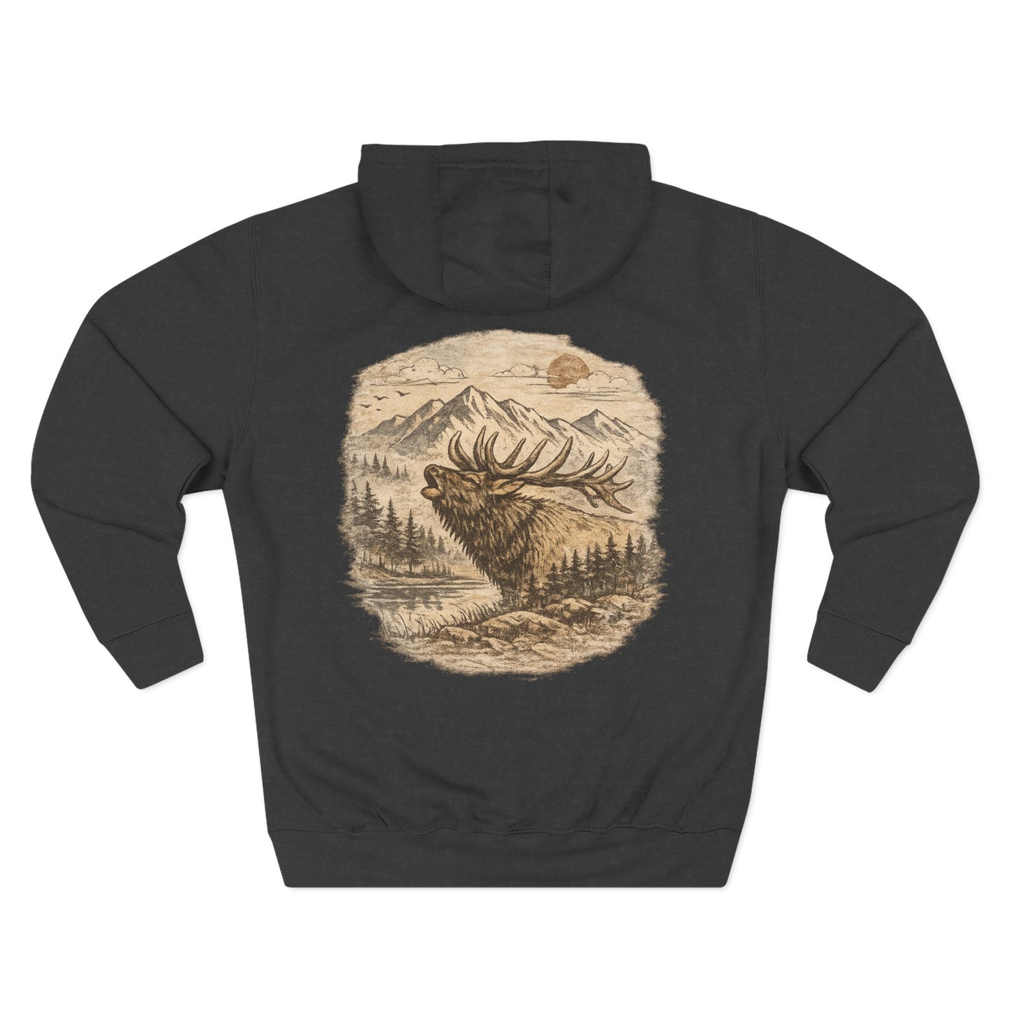 Elk Wilderness Hoodie — Vintage Mountain Elk Graphic Fleece Hoodie