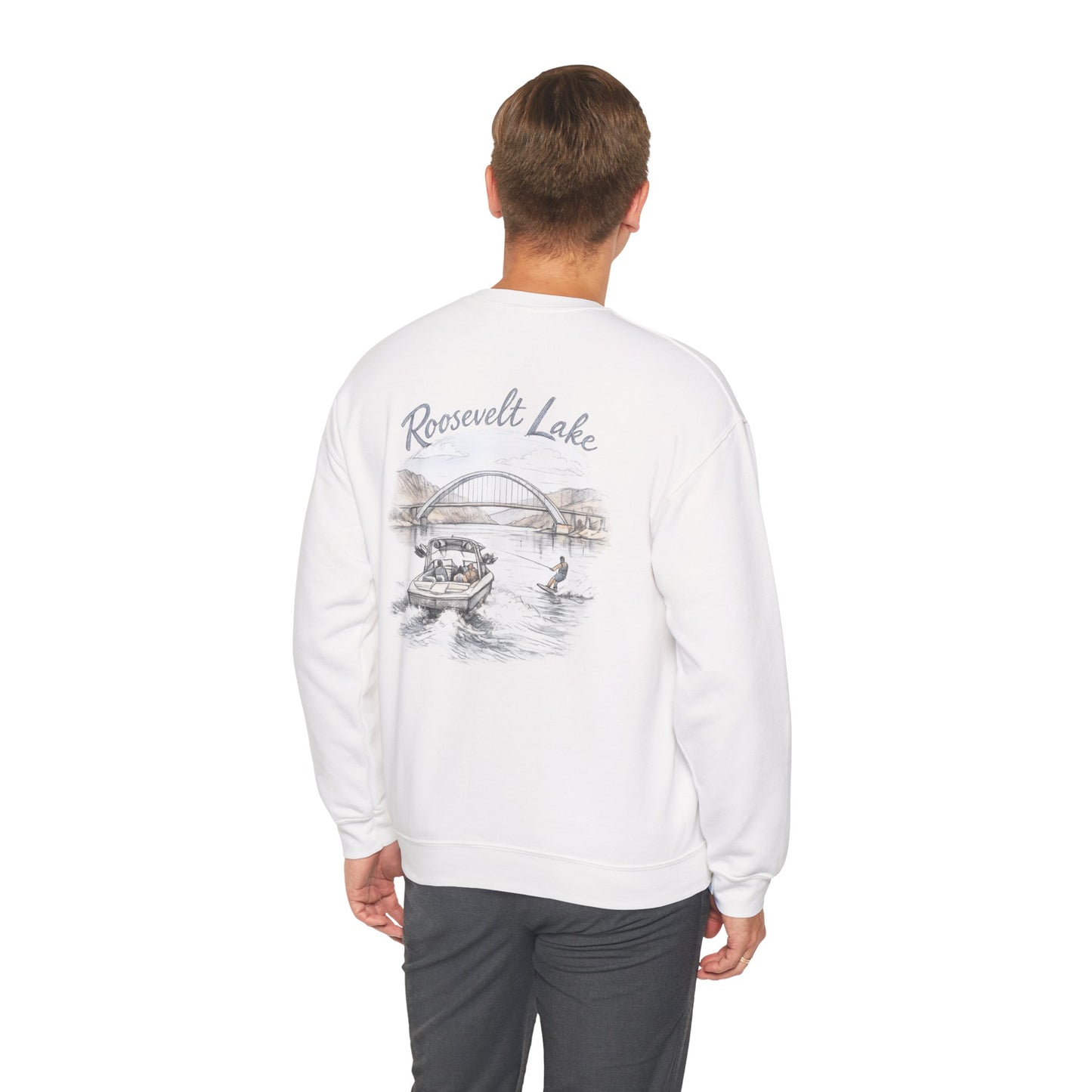 Roosevelt Lake Crewneck Sweatshirt — Scenic Iron Ridge Ski Boat Design