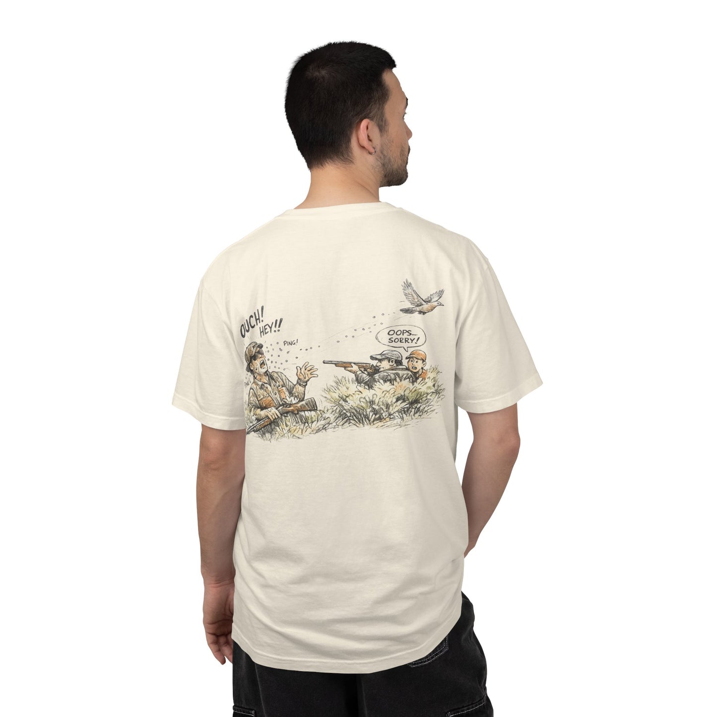 T-Shirt — Funny Dove Hunting Graphic ‘Oops…Sorry!’ Back Print
