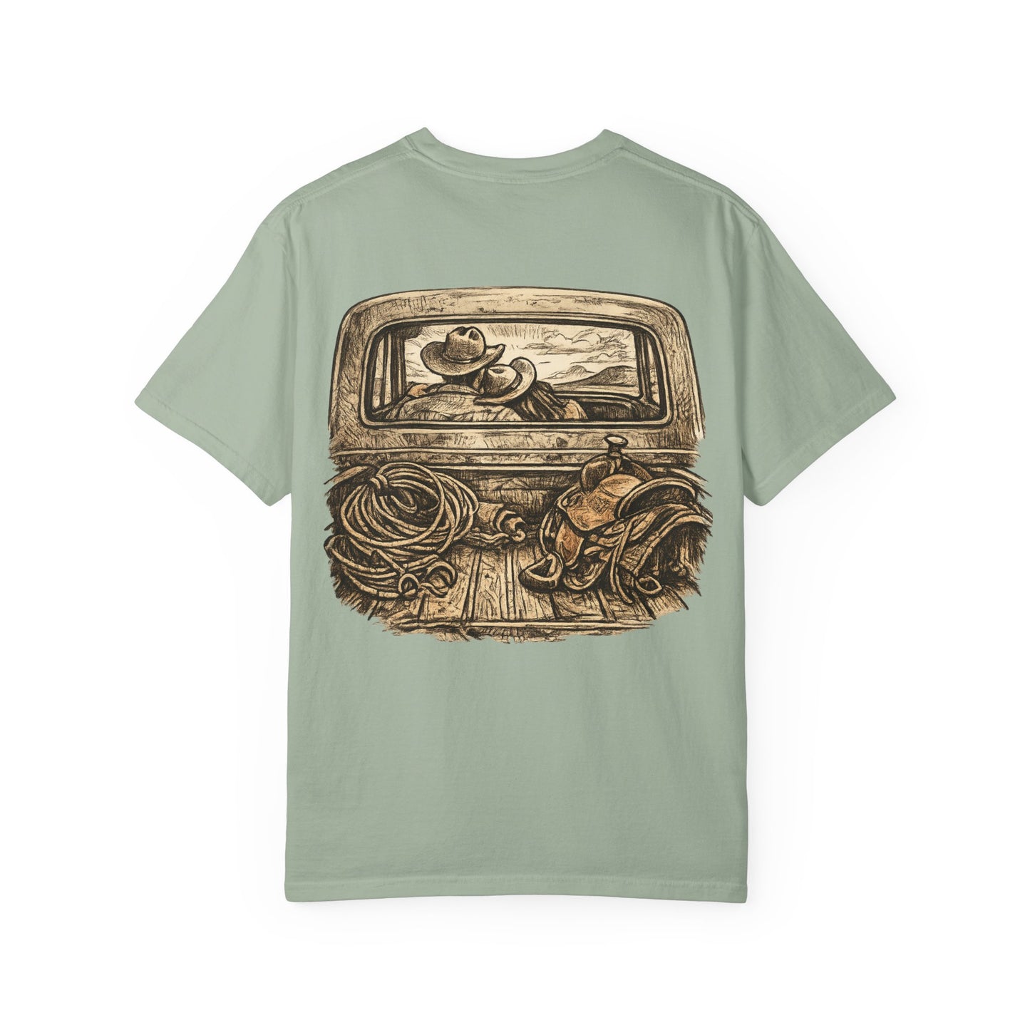 Western Romance T-Shirt — Truck Bed, Hat & Saddle Graphic