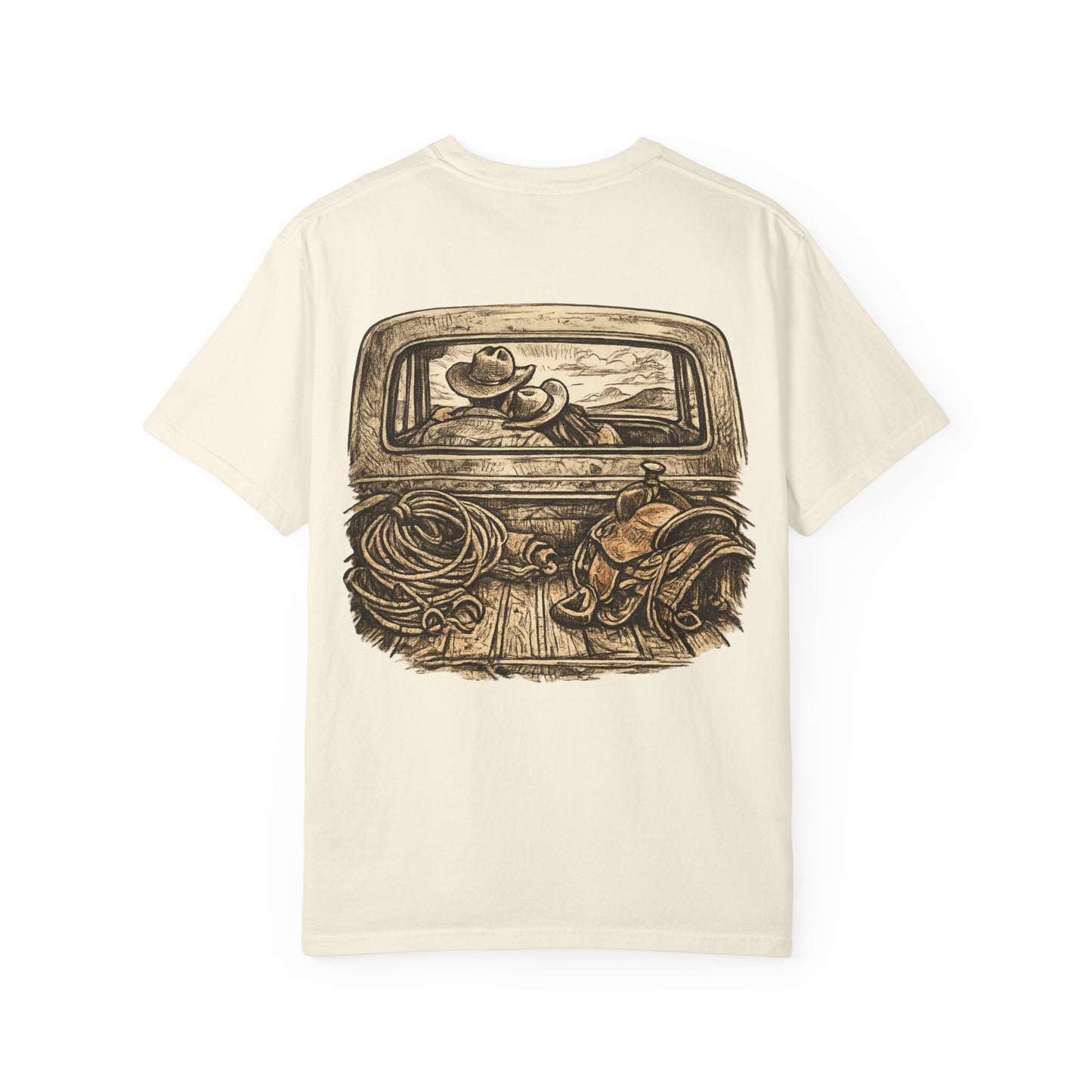 Western Romance T-Shirt — Truck Bed, Hat & Saddle Graphic