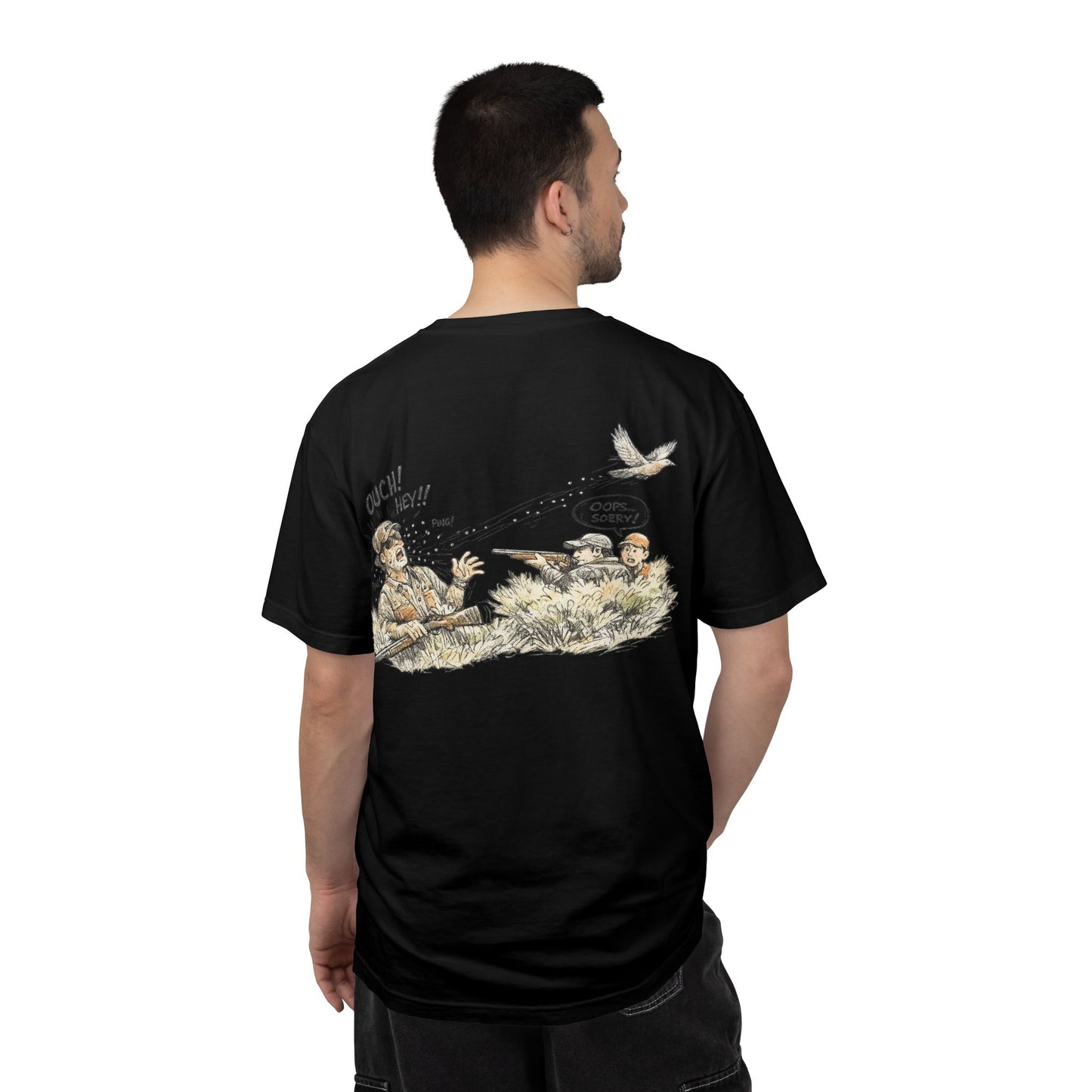 T-Shirt — Funny Dove Hunting Graphic ‘Oops…Sorry!’ Back Print