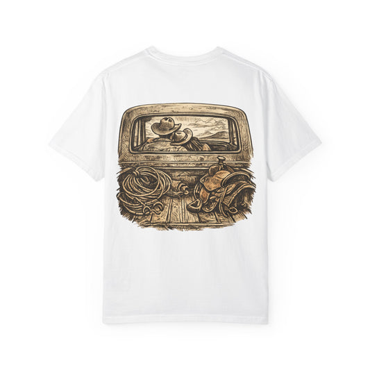 Western Romance T-Shirt — Truck Bed, Hat & Saddle Graphic