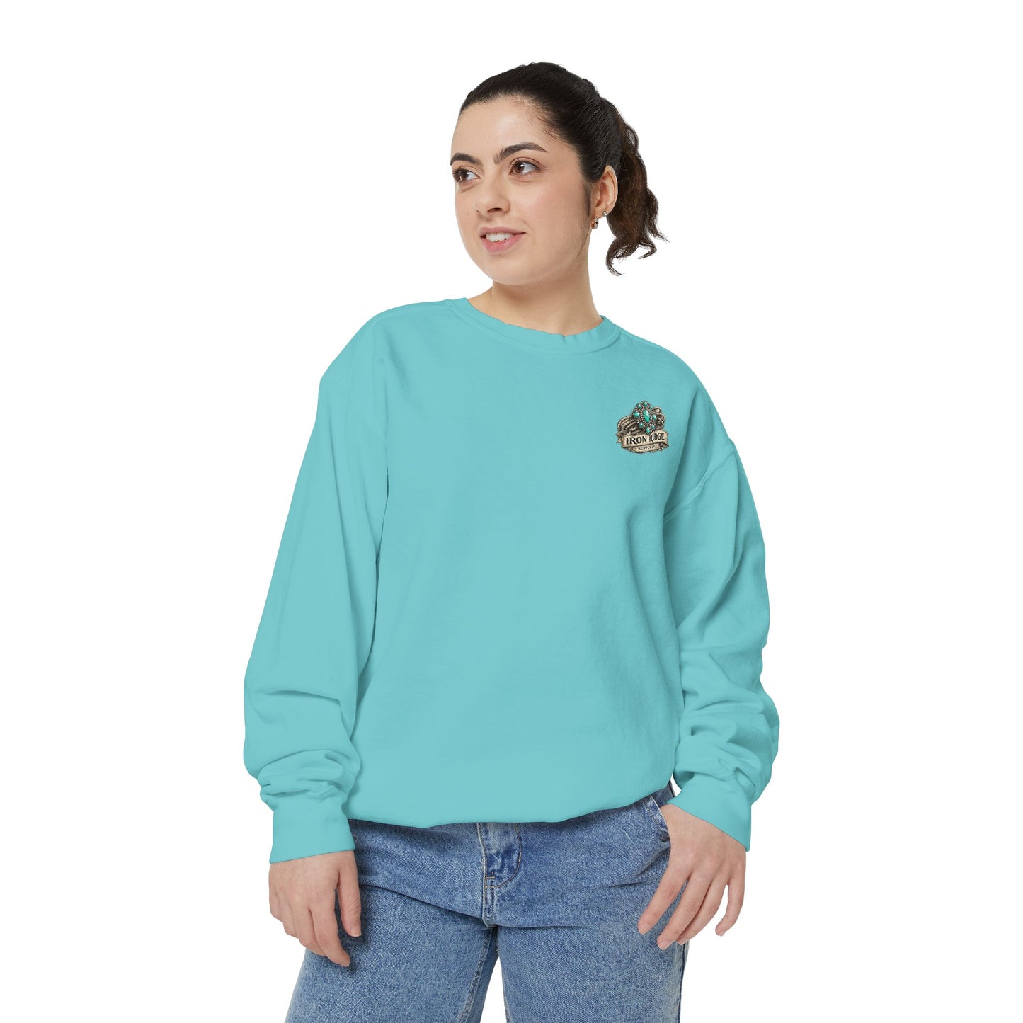 Turquoise Cowgirl Portrait Sweatshirt — Western Turquoise Necklace Graphic