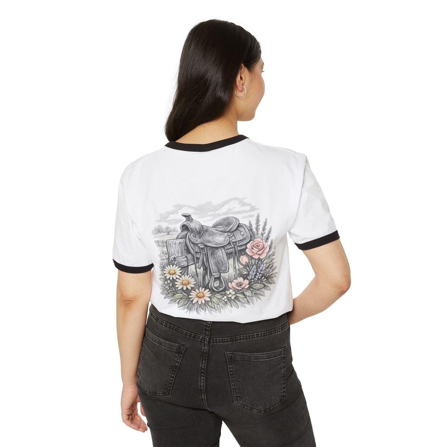 Western Saddle & Wildflowers Ringer T-Shirt — 'Born to Ride' Vintage Cowgirl Tee
