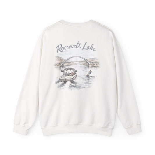 Roosevelt Lake Crewneck Sweatshirt — Scenic Iron Ridge Ski Boat Design
