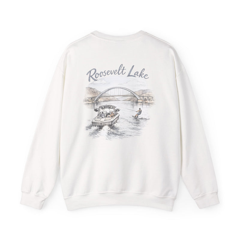 Roosevelt Lake Crewneck Sweatshirt — Scenic Iron Ridge Ski Boat Design