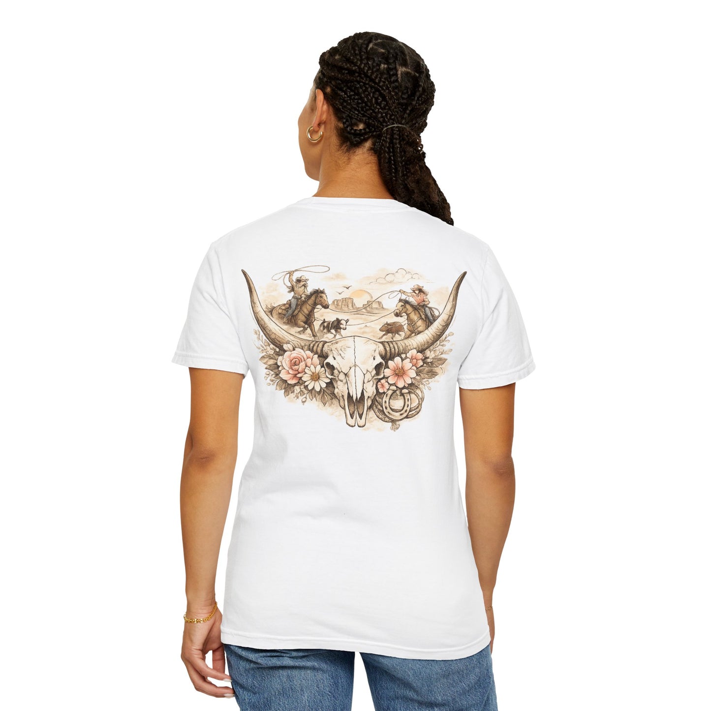 Western Steer Skull T-Shirt — Rodeo Cowboy Floral Graphic