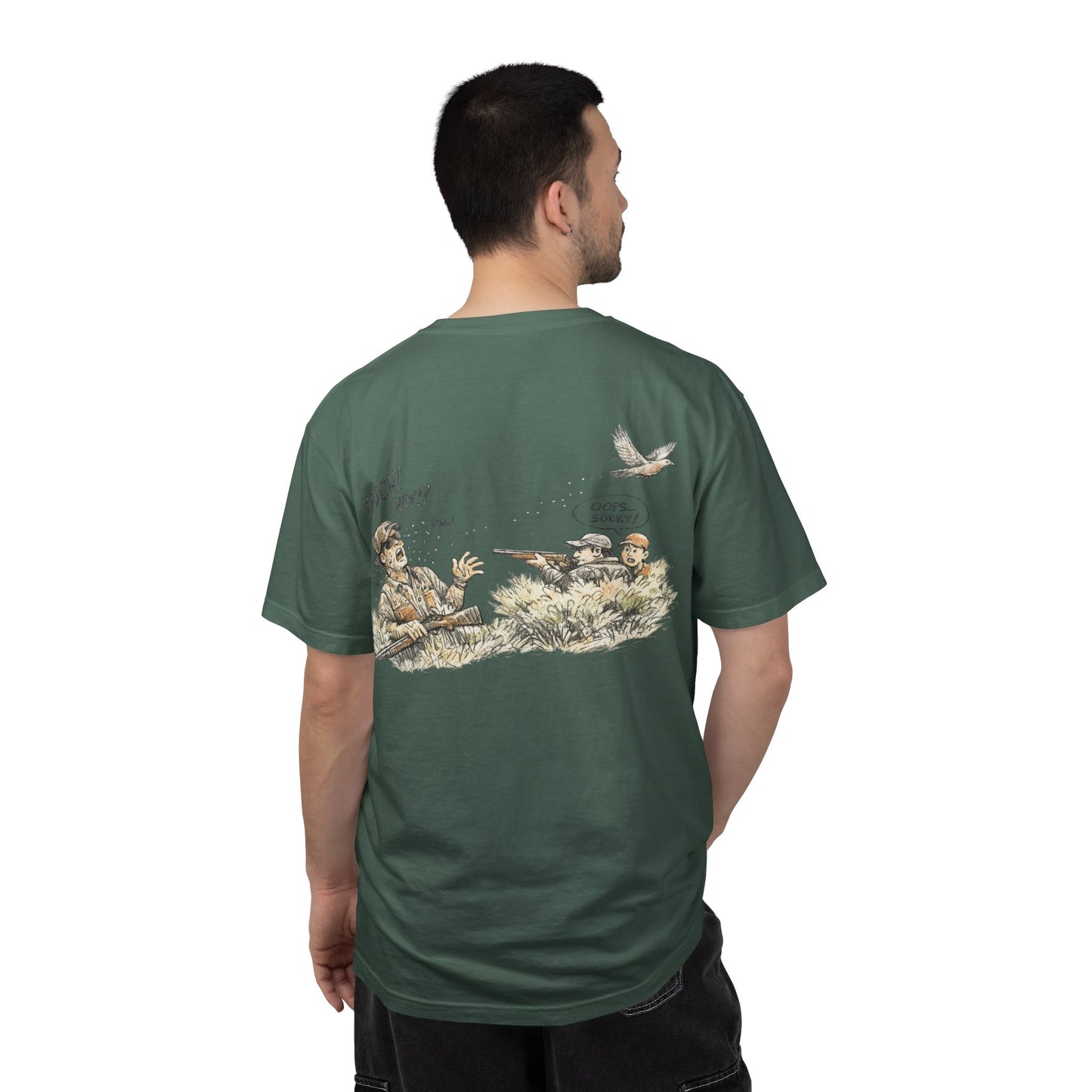 T-Shirt — Funny Dove Hunting Graphic ‘Oops…Sorry!’ Back Print
