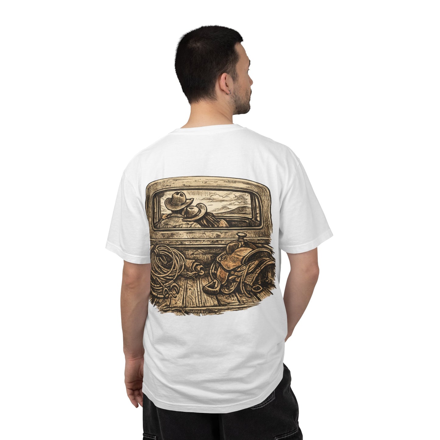 Western Romance T-Shirt — Truck Bed, Hat & Saddle Graphic
