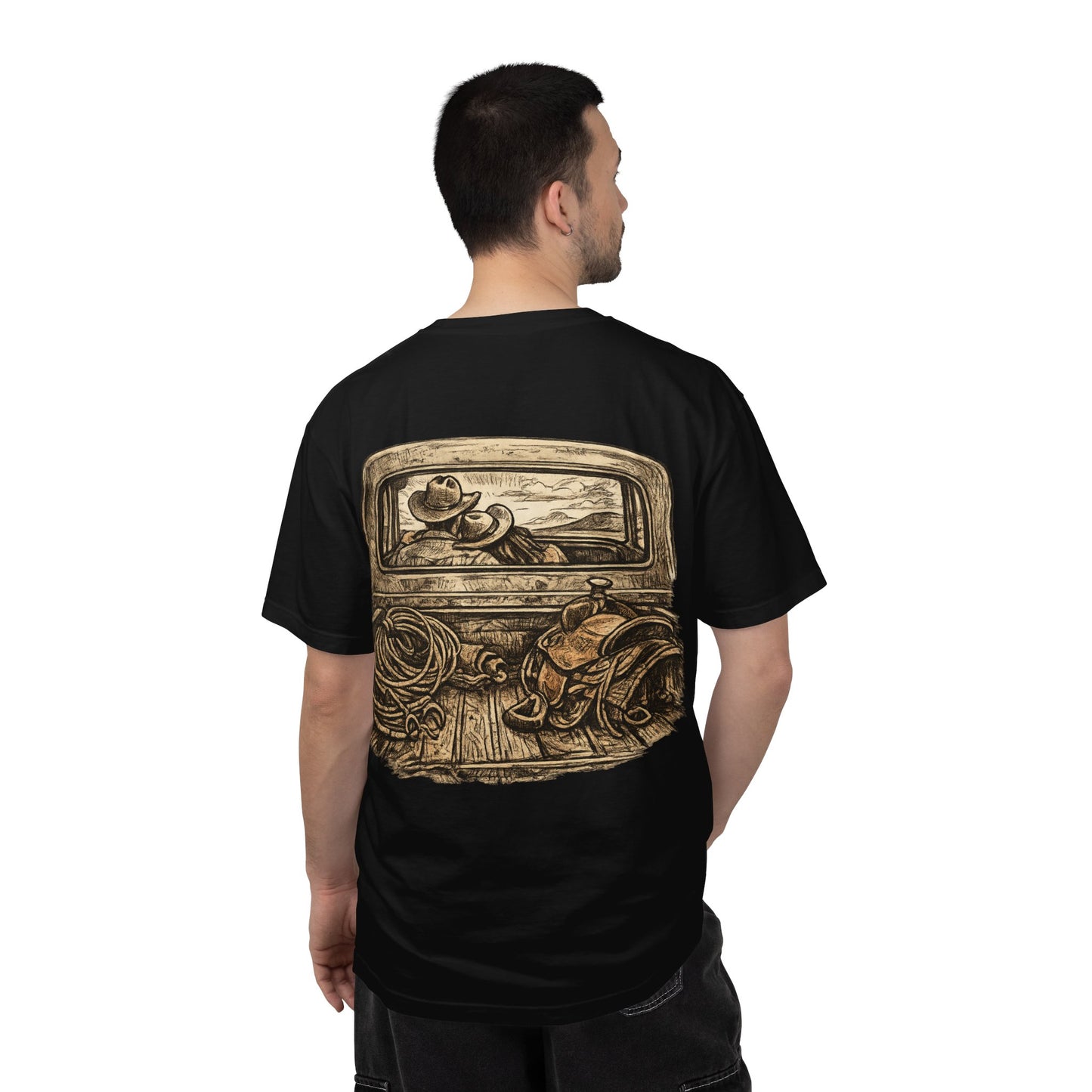 Western Romance T-Shirt — Truck Bed, Hat & Saddle Graphic