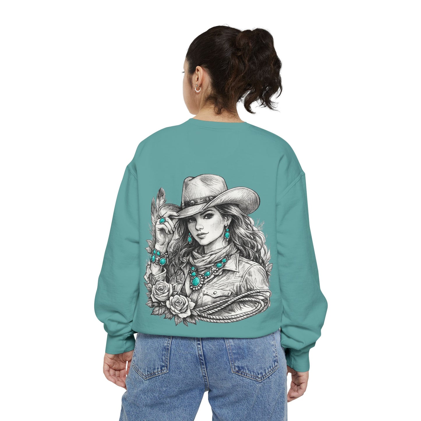 Turquoise Cowgirl Portrait Sweatshirt — Western Turquoise Necklace Graphic