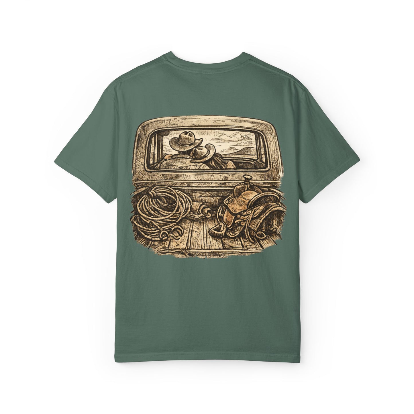 Western Romance T-Shirt — Truck Bed, Hat & Saddle Graphic