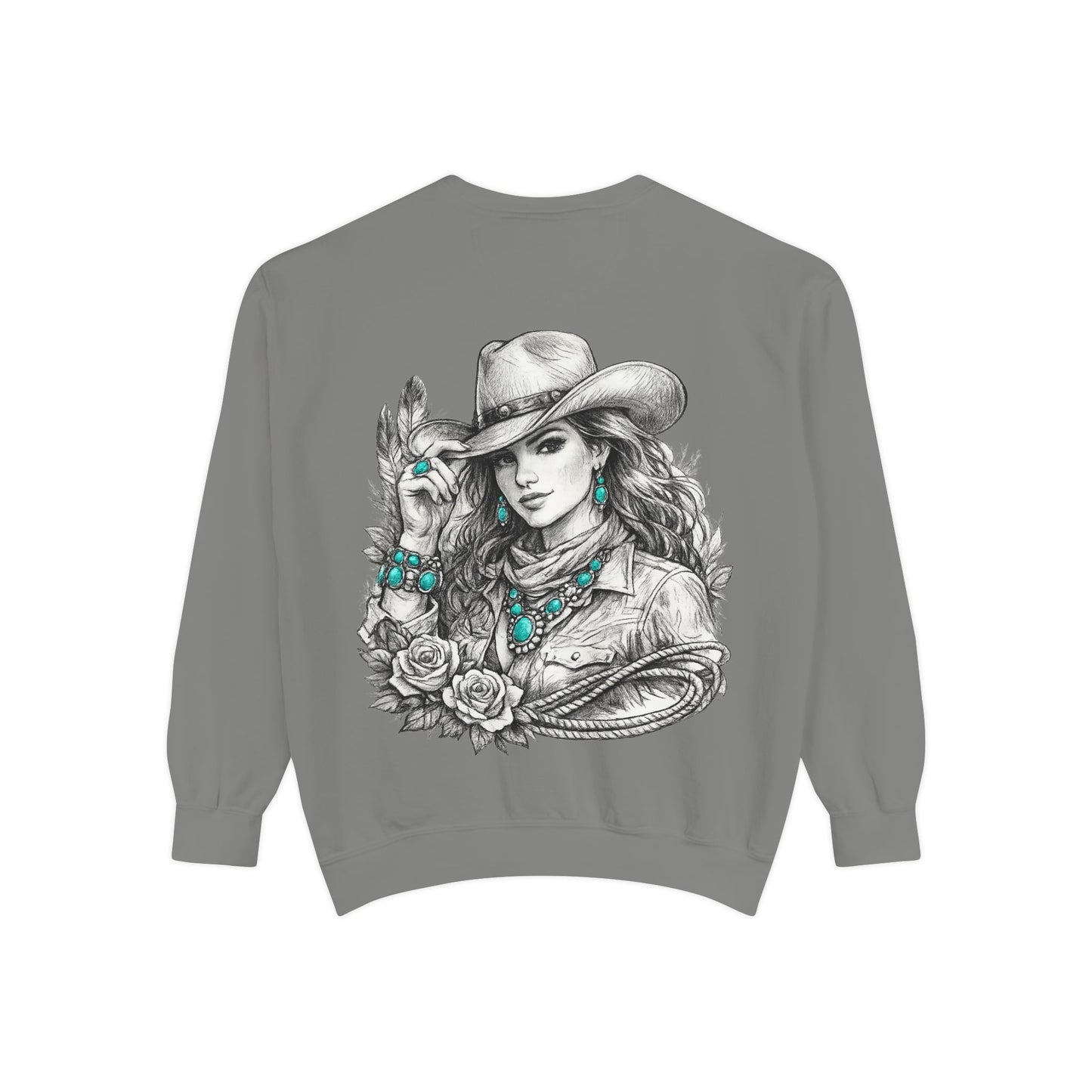 Turquoise Cowgirl Portrait Sweatshirt — Western Turquoise Necklace Graphic