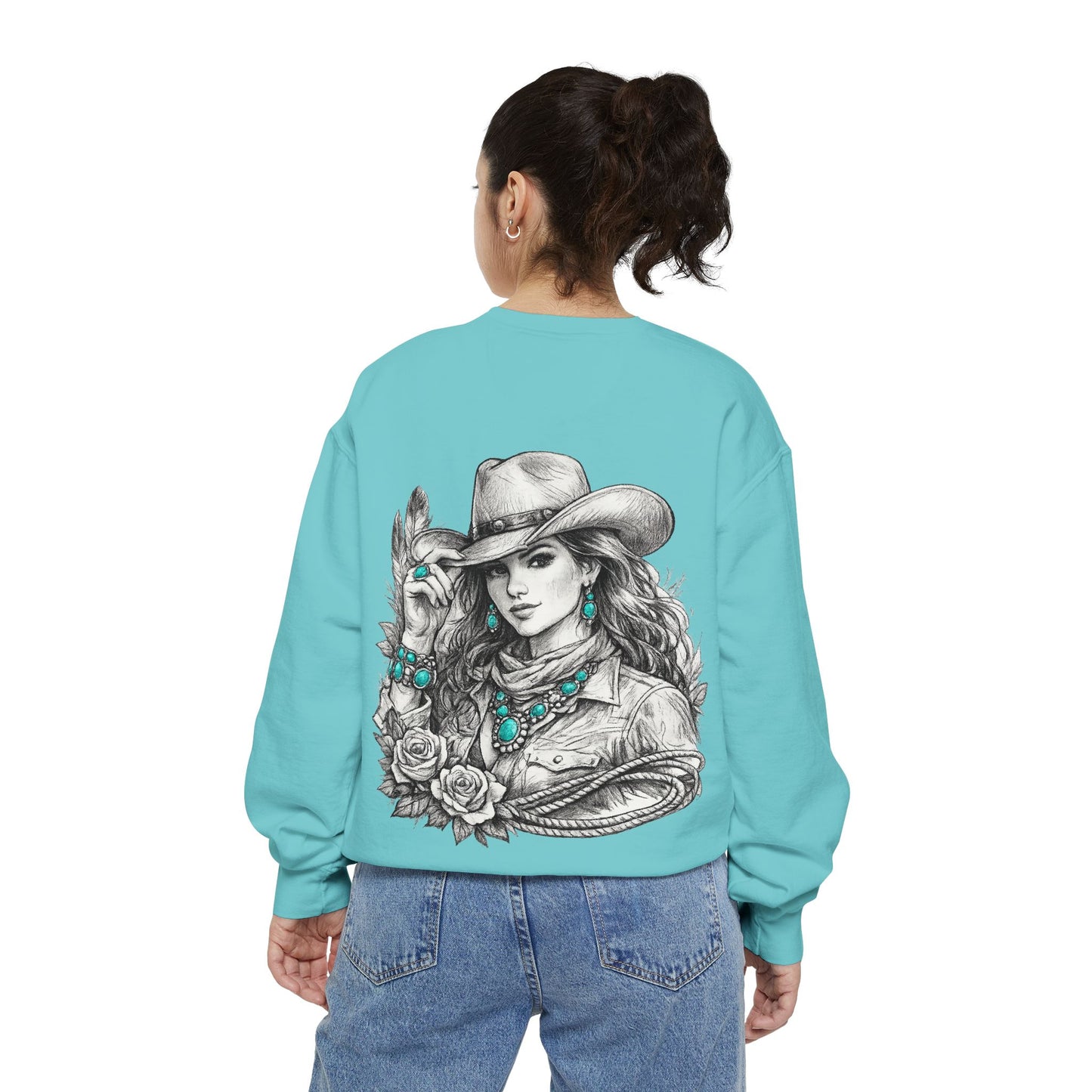 Turquoise Cowgirl Portrait Sweatshirt — Western Turquoise Necklace Graphic