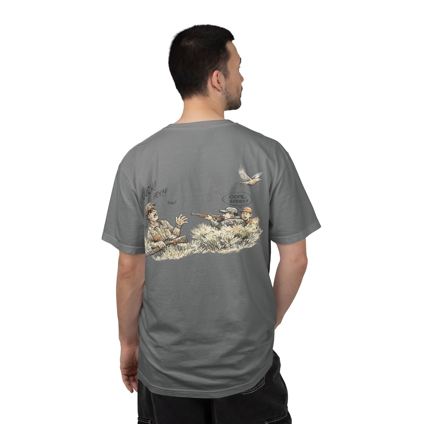 T-Shirt — Funny Dove Hunting Graphic ‘Oops…Sorry!’ Back Print