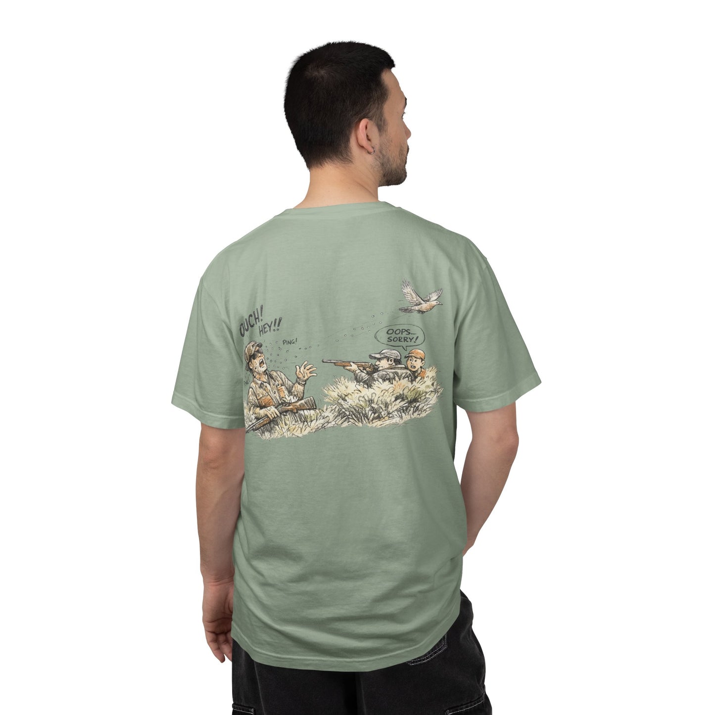 T-Shirt — Funny Dove Hunting Graphic ‘Oops…Sorry!’ Back Print