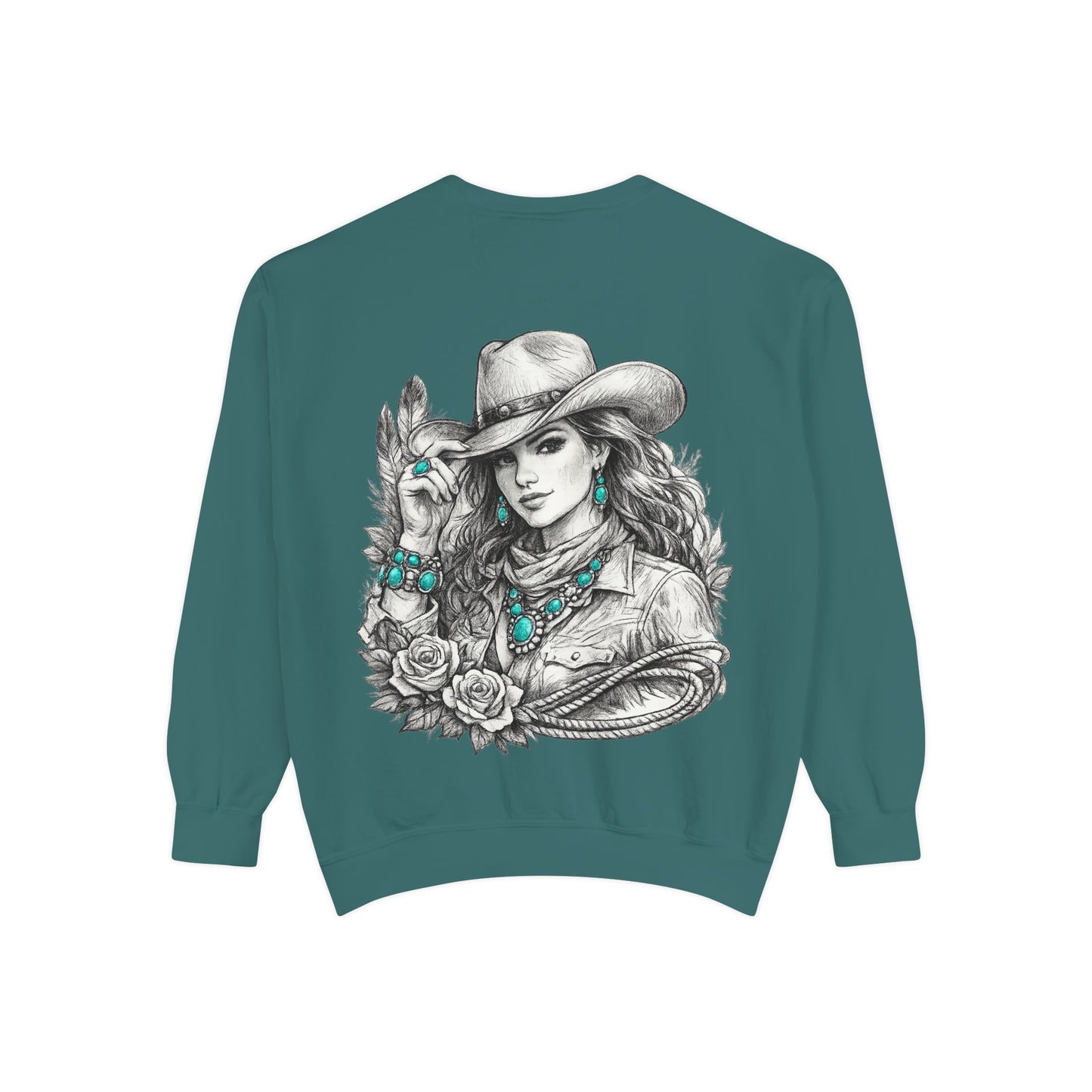 Turquoise Cowgirl Portrait Sweatshirt — Western Turquoise Necklace Graphic