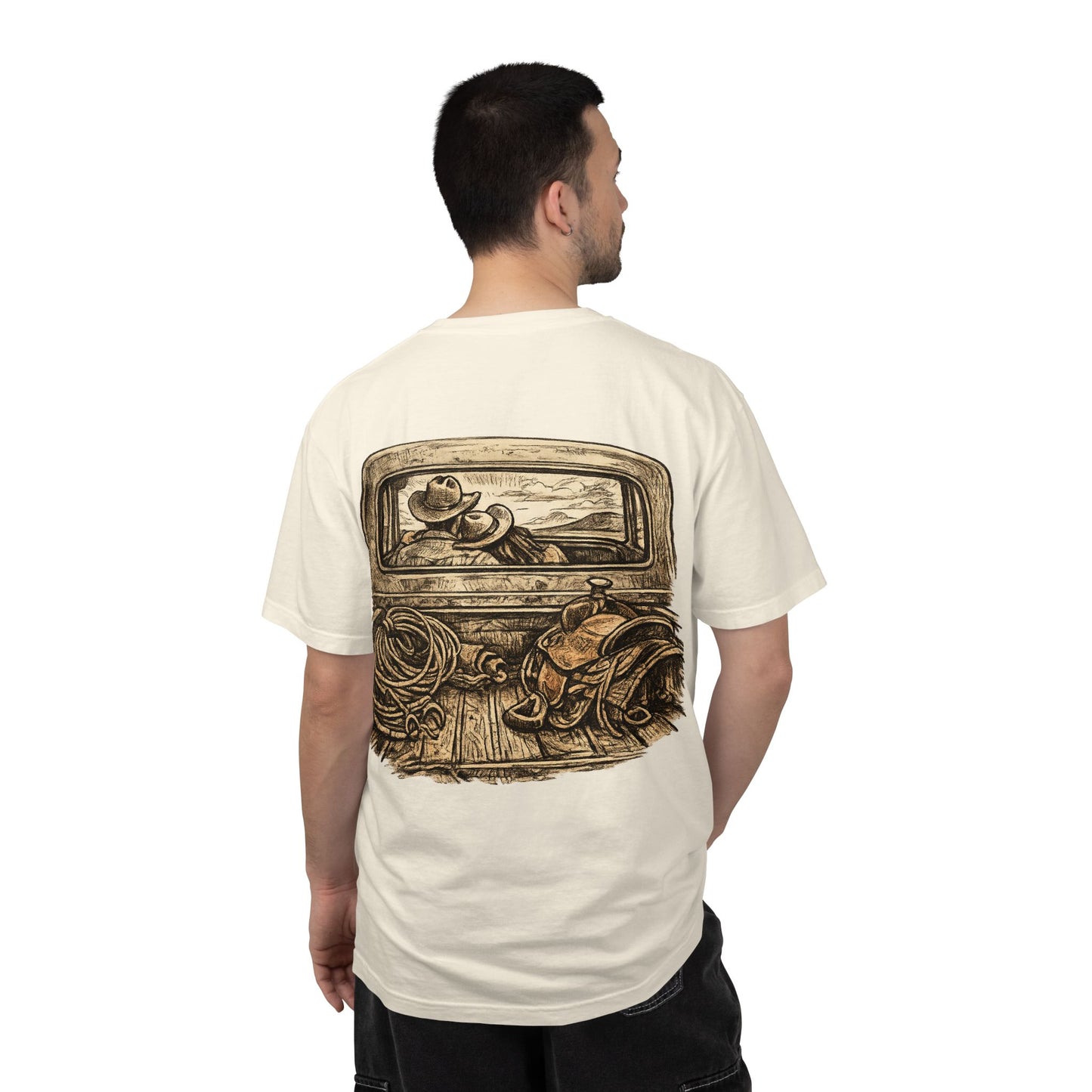 Western Romance T-Shirt — Truck Bed, Hat & Saddle Graphic