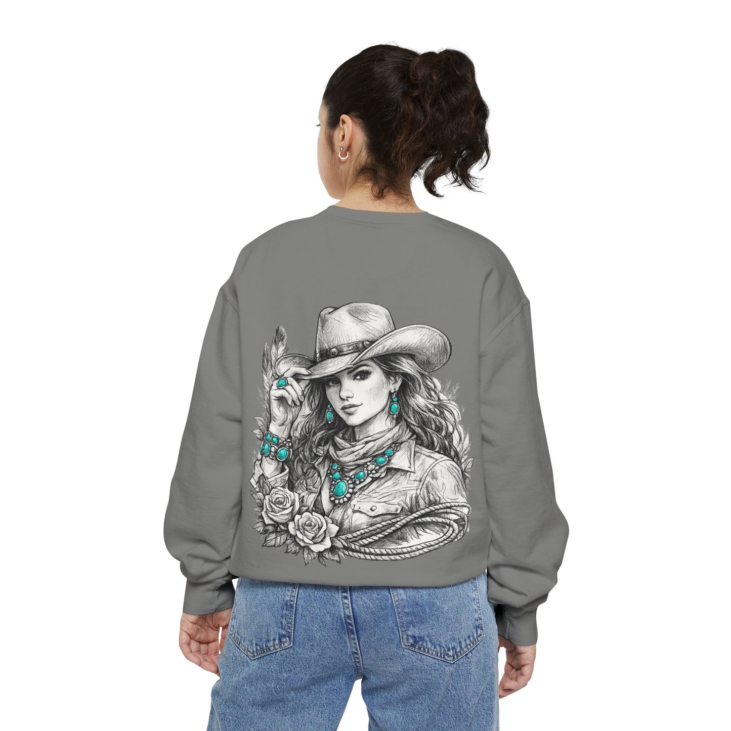 Turquoise Cowgirl Portrait Sweatshirt — Western Turquoise Necklace Graphic