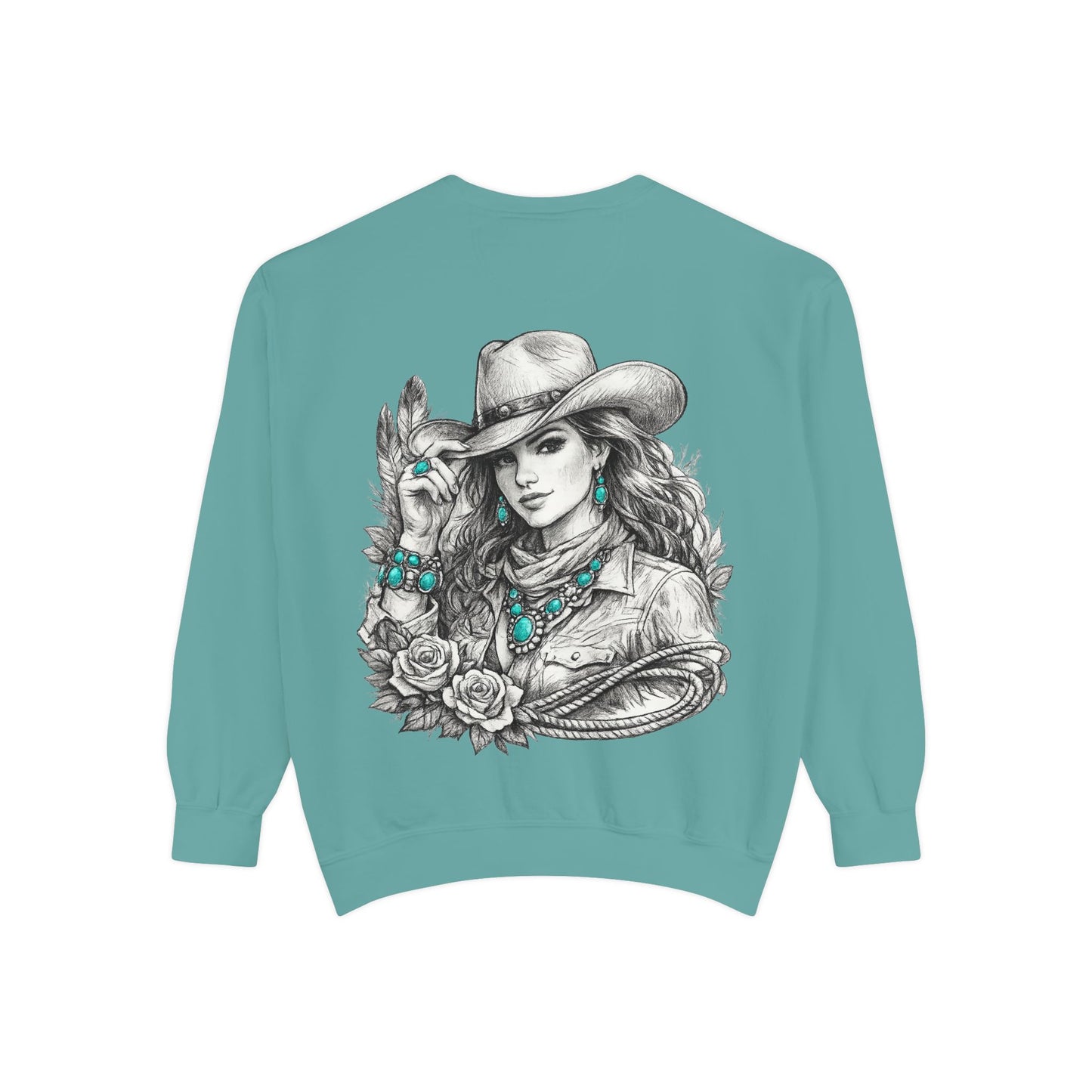 Turquoise Cowgirl Portrait Sweatshirt — Western Turquoise Necklace Graphic