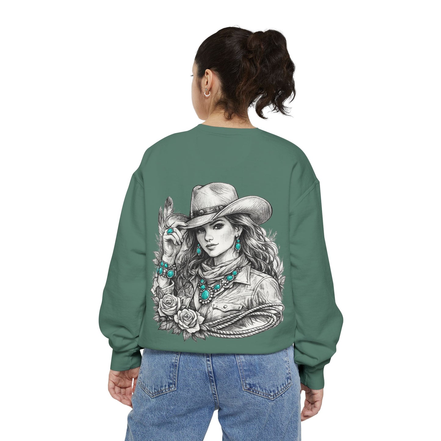 Turquoise Cowgirl Portrait Sweatshirt — Western Turquoise Necklace Graphic