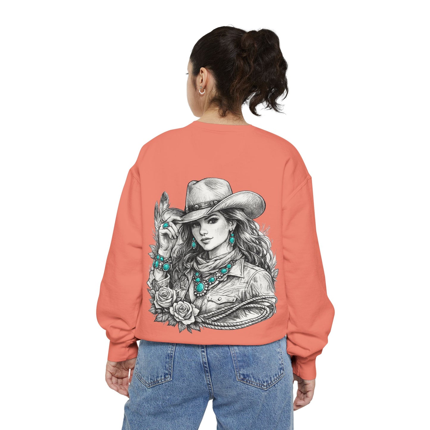 Turquoise Cowgirl Portrait Sweatshirt — Western Turquoise Necklace Graphic