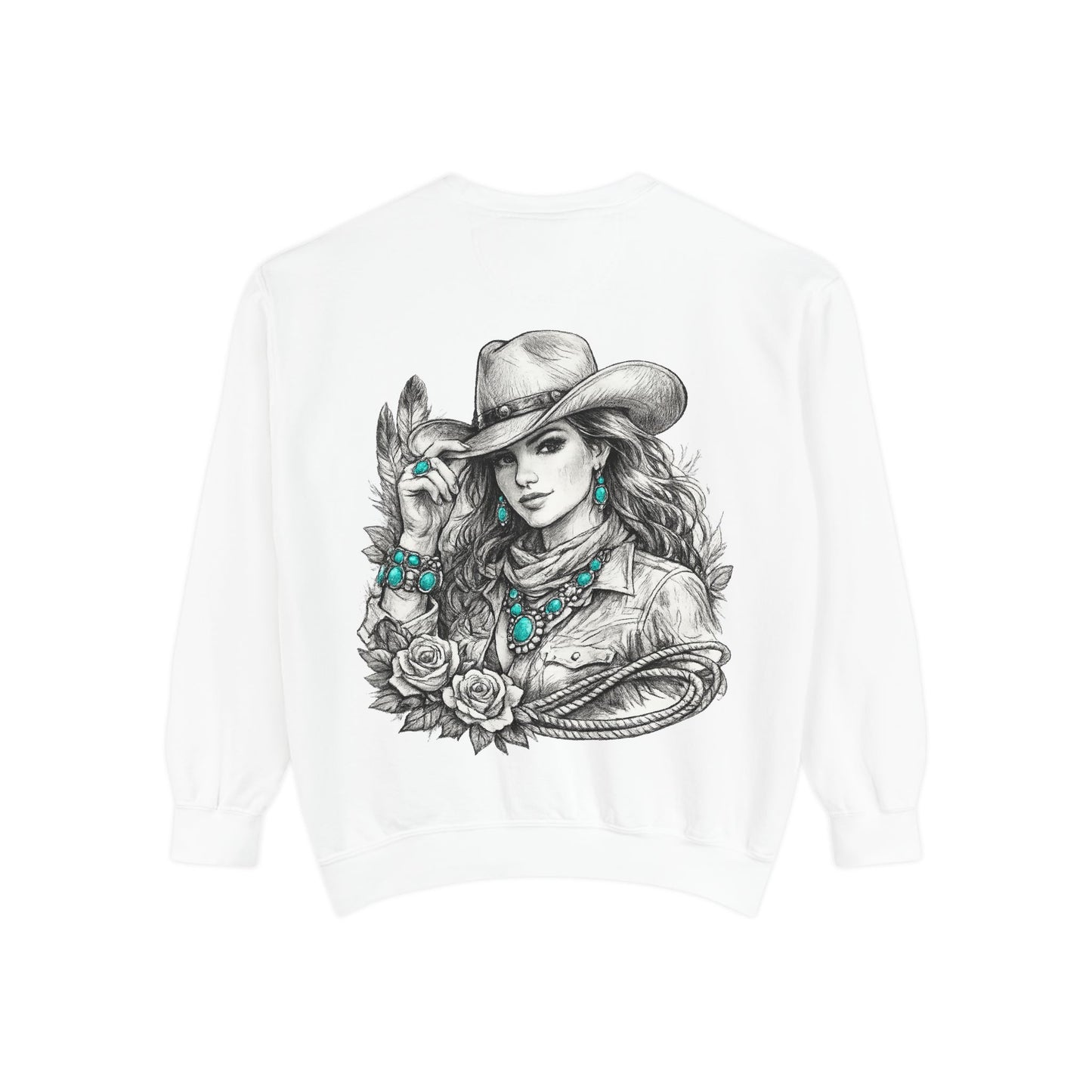 Turquoise Cowgirl Portrait Sweatshirt — Western Turquoise Necklace Graphic