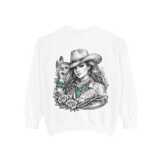 Turquoise Cowgirl Portrait Sweatshirt — Western Turquoise Necklace Graphic