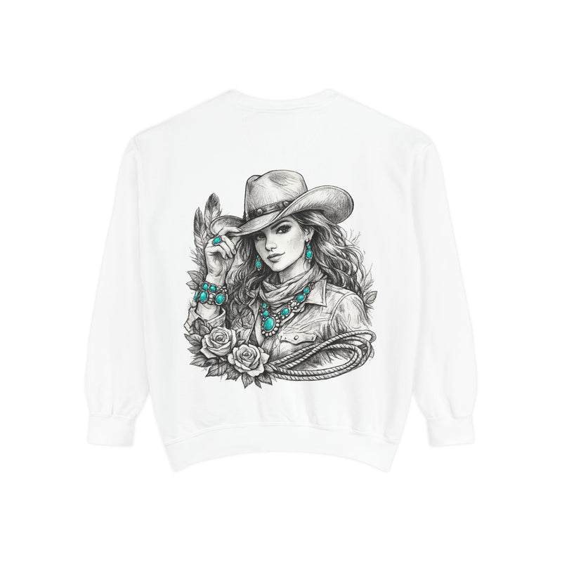 Turquoise Cowgirl Portrait Sweatshirt — Western Turquoise Necklace Graphic