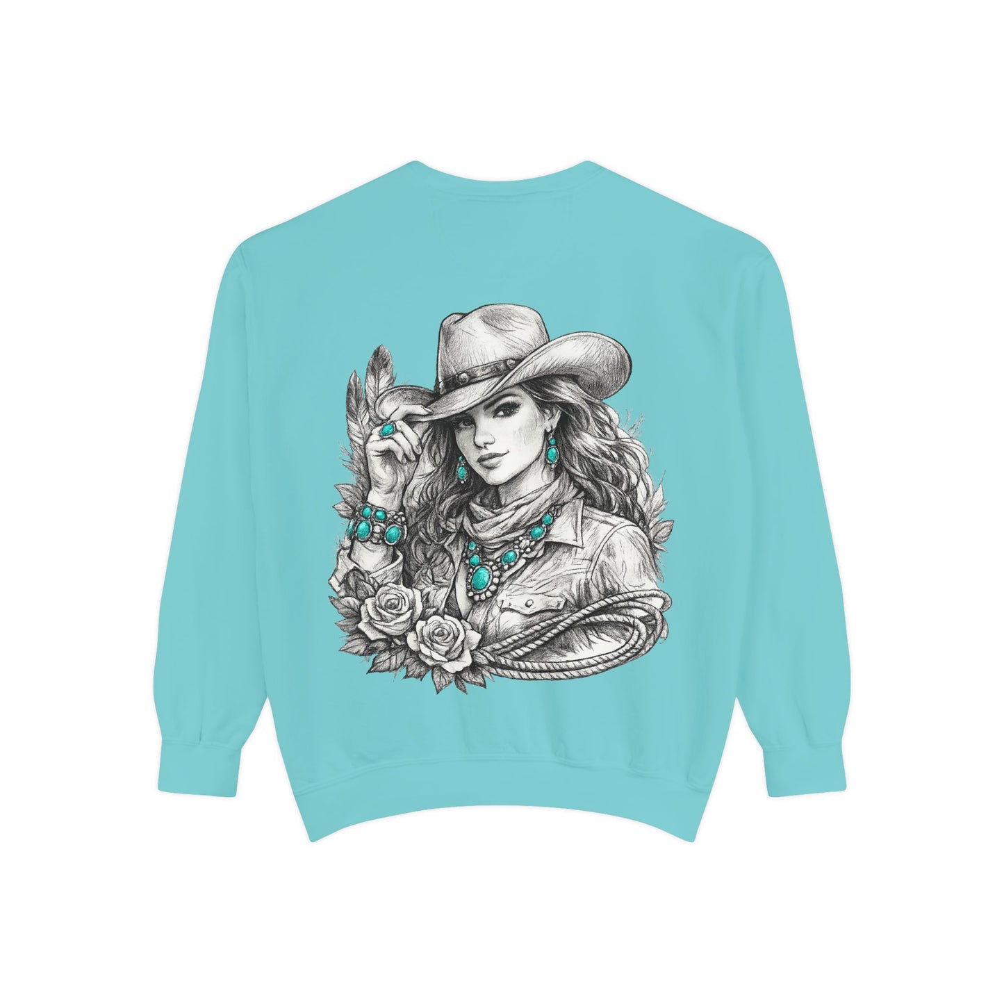 Turquoise Cowgirl Portrait Sweatshirt — Western Turquoise Necklace Graphic