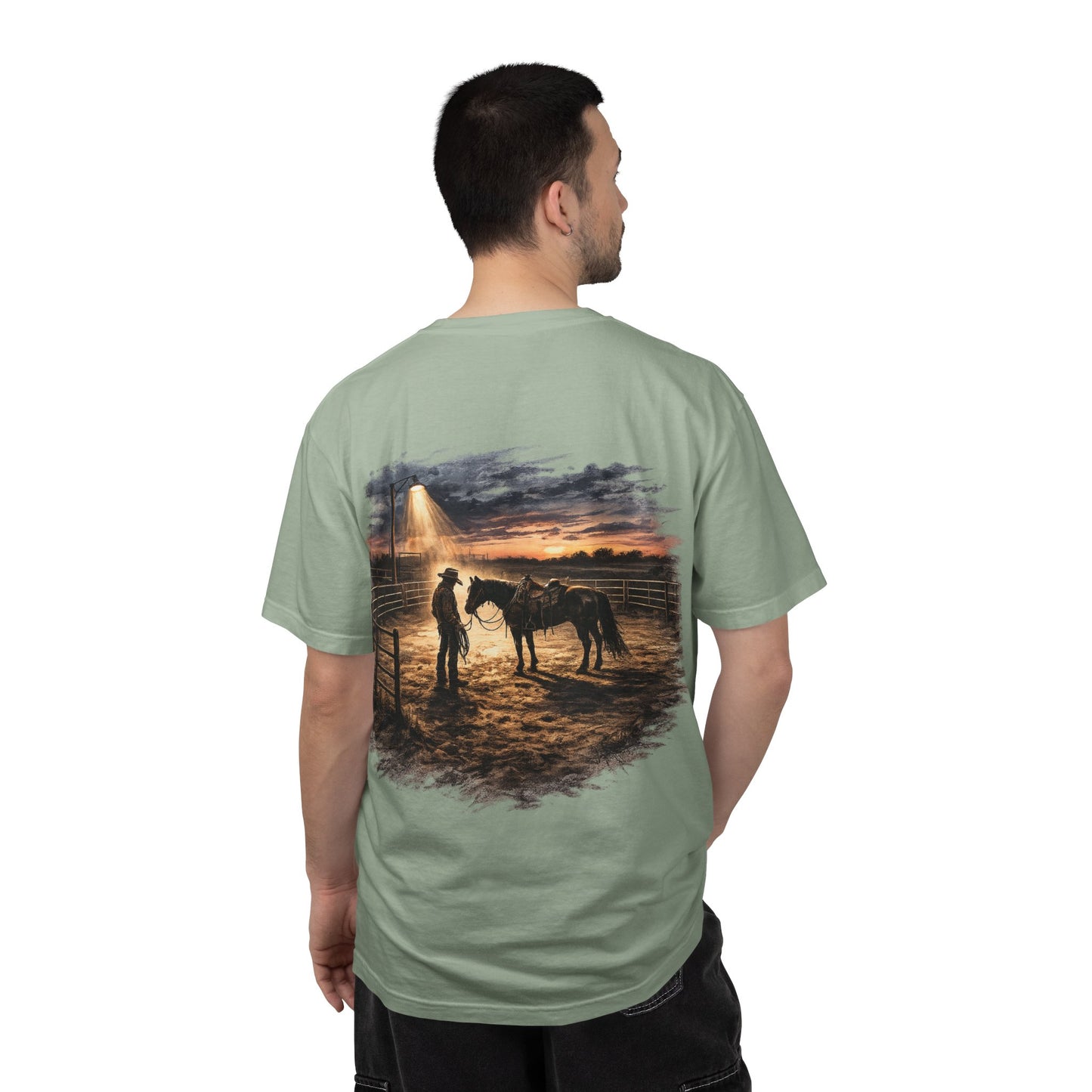 Cowboy Sunset Tee — Cowboy and Horse Graphic T-Shirt