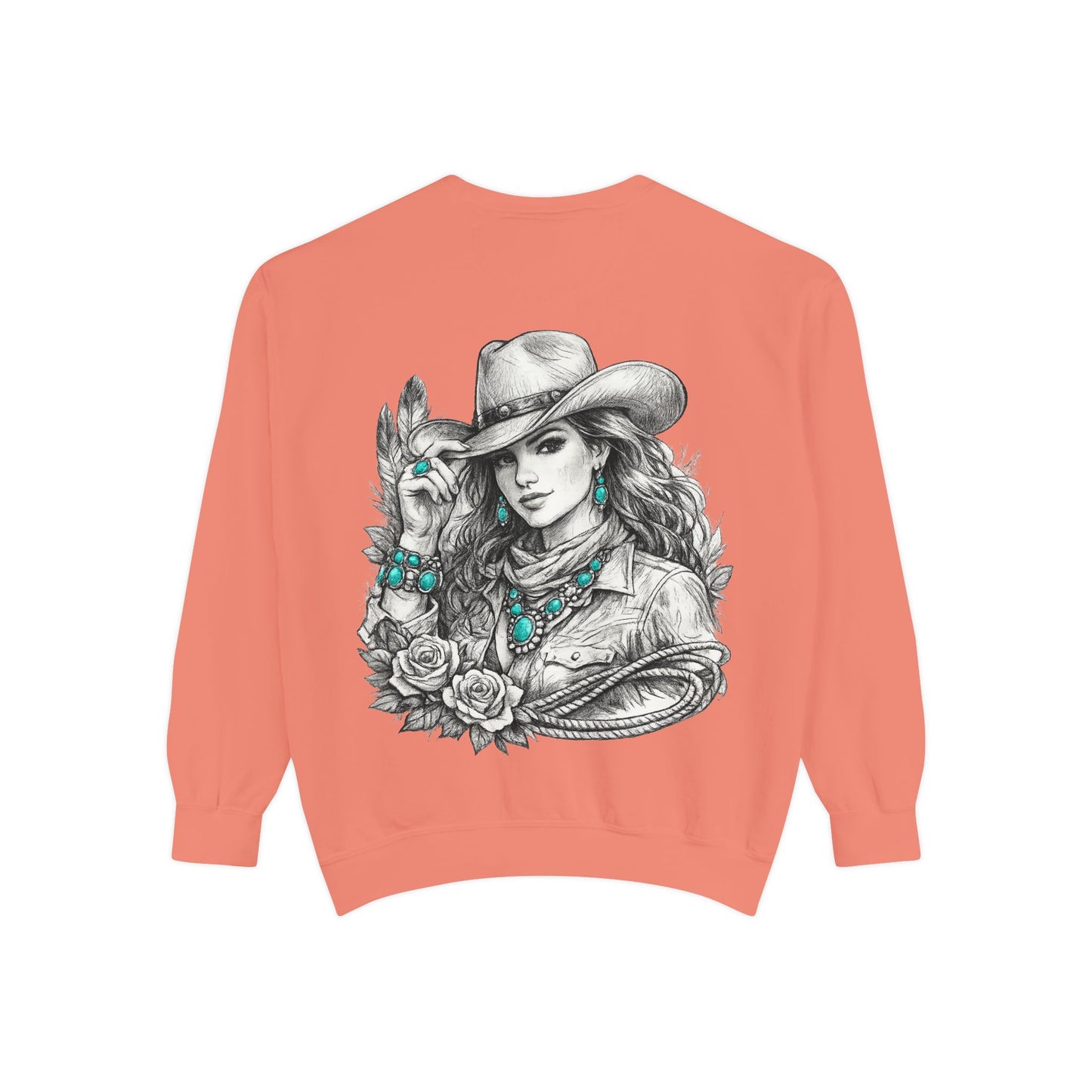 Turquoise Cowgirl Portrait Sweatshirt — Western Turquoise Necklace Graphic
