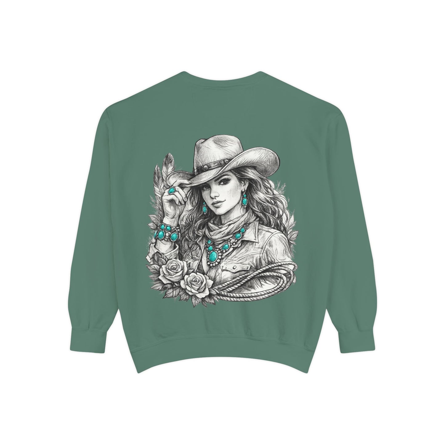 Turquoise Cowgirl Portrait Sweatshirt — Western Turquoise Necklace Graphic