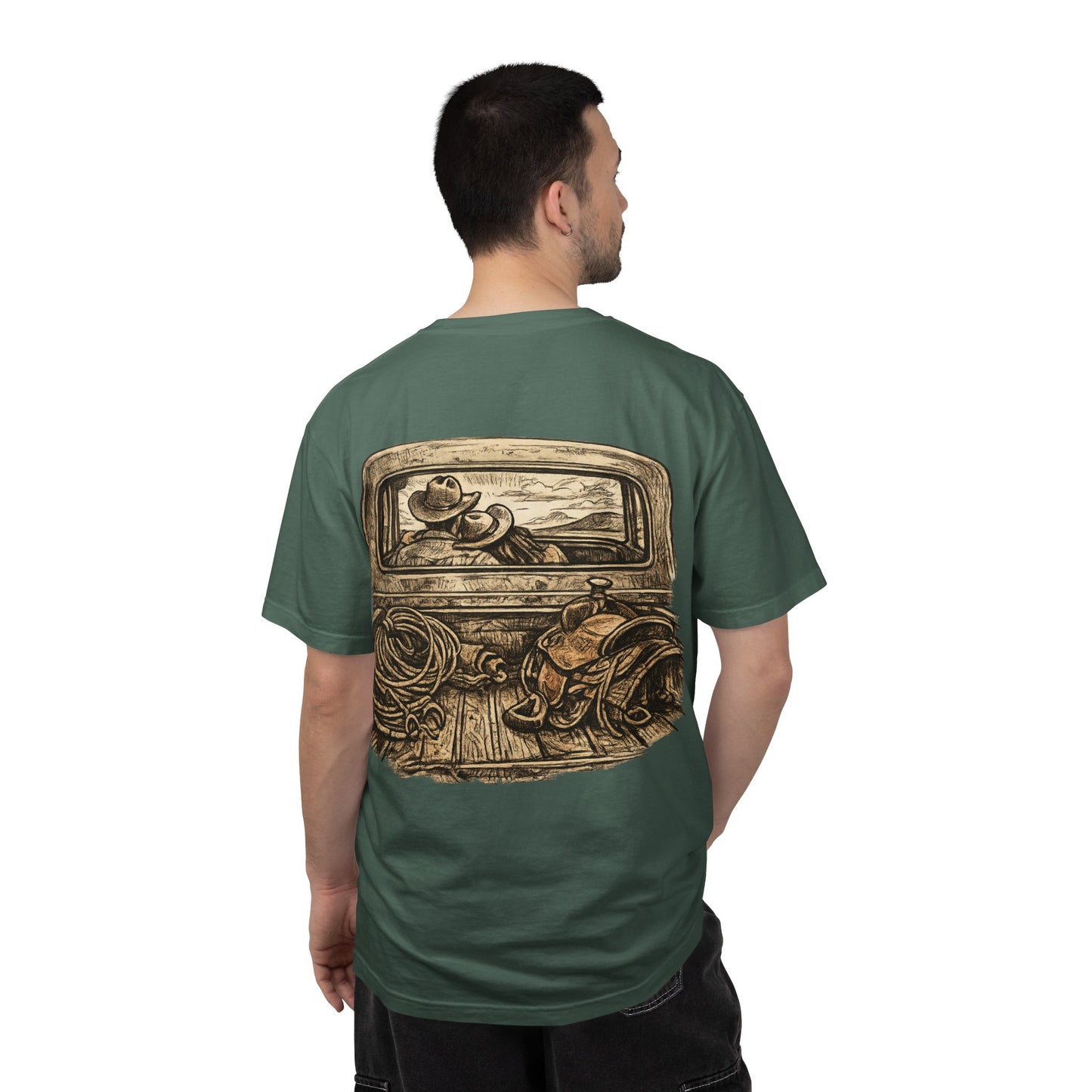 Western Romance T-Shirt — Truck Bed, Hat & Saddle Graphic