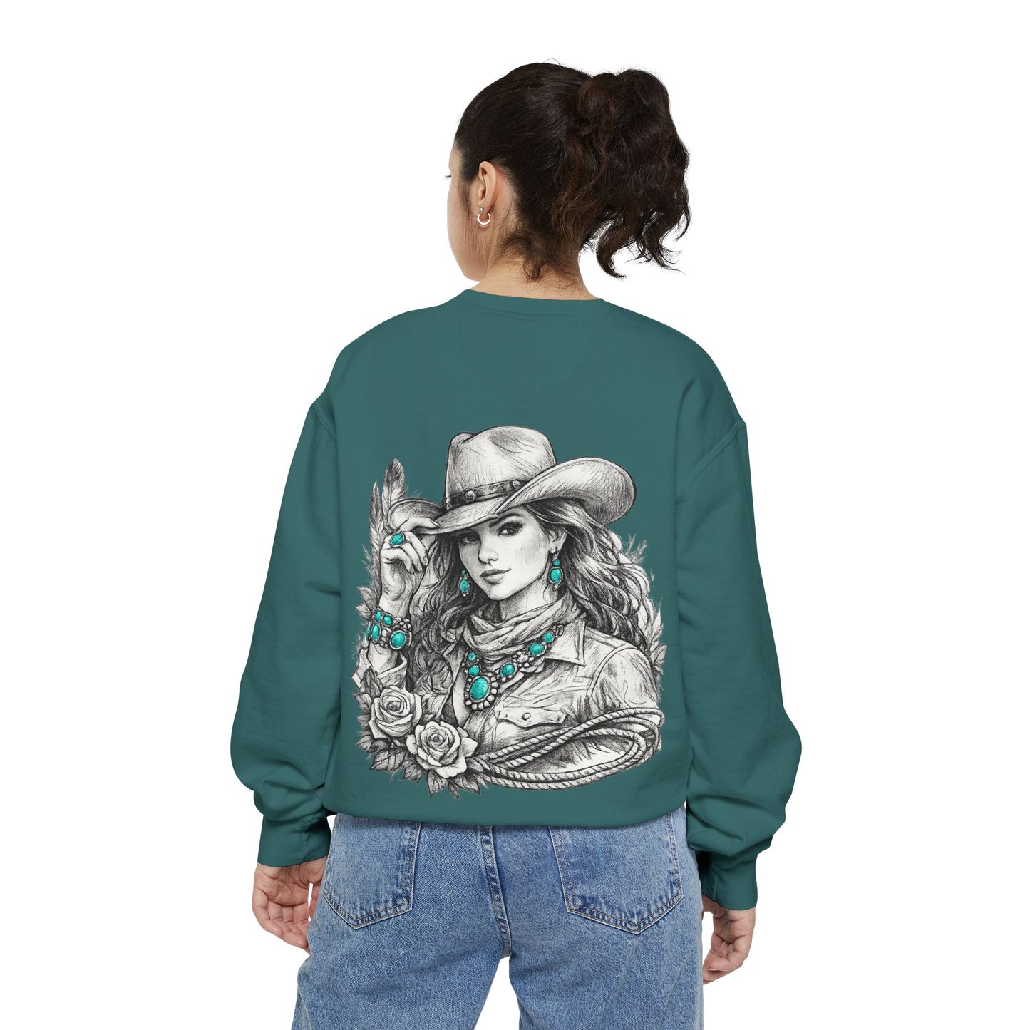 Turquoise Cowgirl Portrait Sweatshirt — Western Turquoise Necklace Graphic