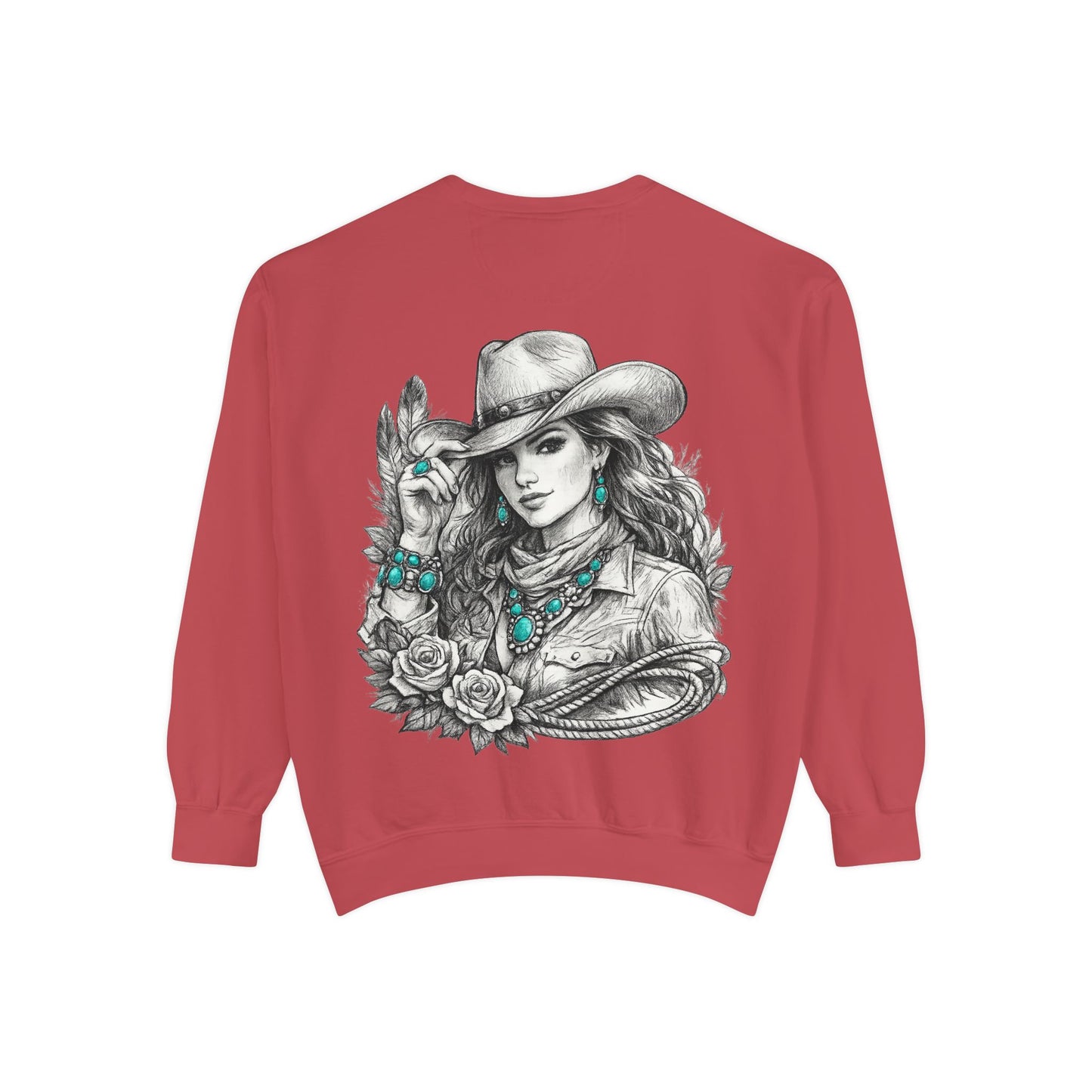 Turquoise Cowgirl Portrait Sweatshirt — Western Turquoise Necklace Graphic