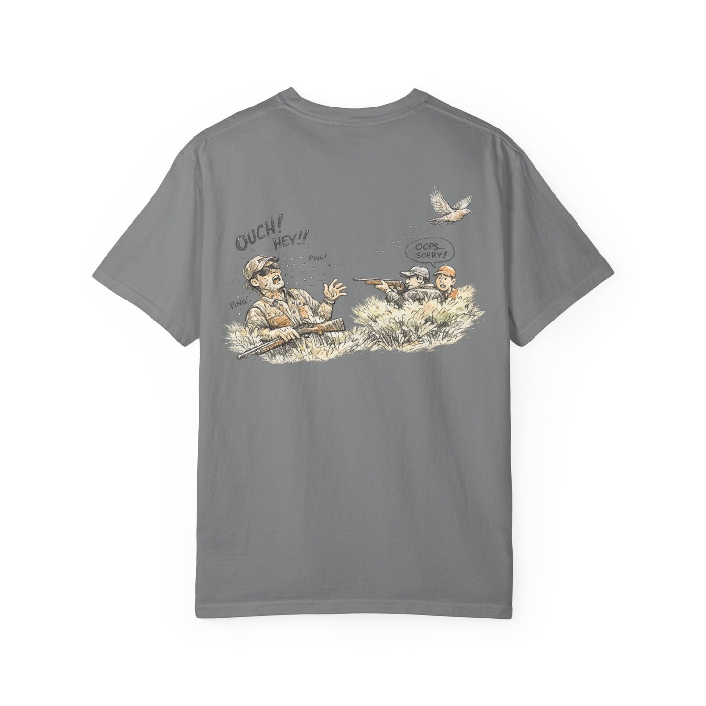 T-Shirt — Funny Dove Hunting Graphic ‘Oops…Sorry!’ Back Print