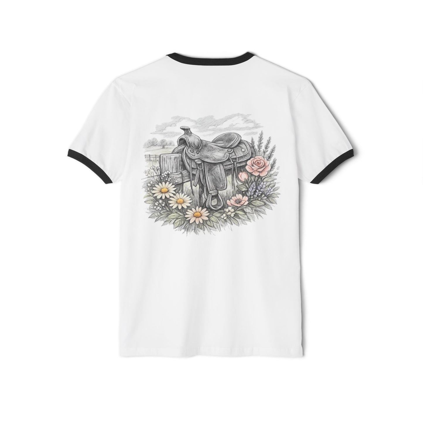 Western Saddle & Wildflowers Ringer T-Shirt — 'Born to Ride' Vintage Cowgirl Tee
