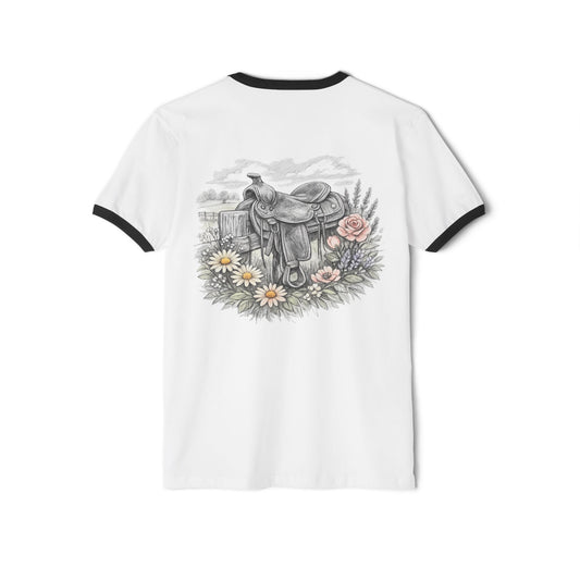 Western Saddle & Wildflowers Ringer T-Shirt — 'Born to Ride' Vintage Cowgirl Tee