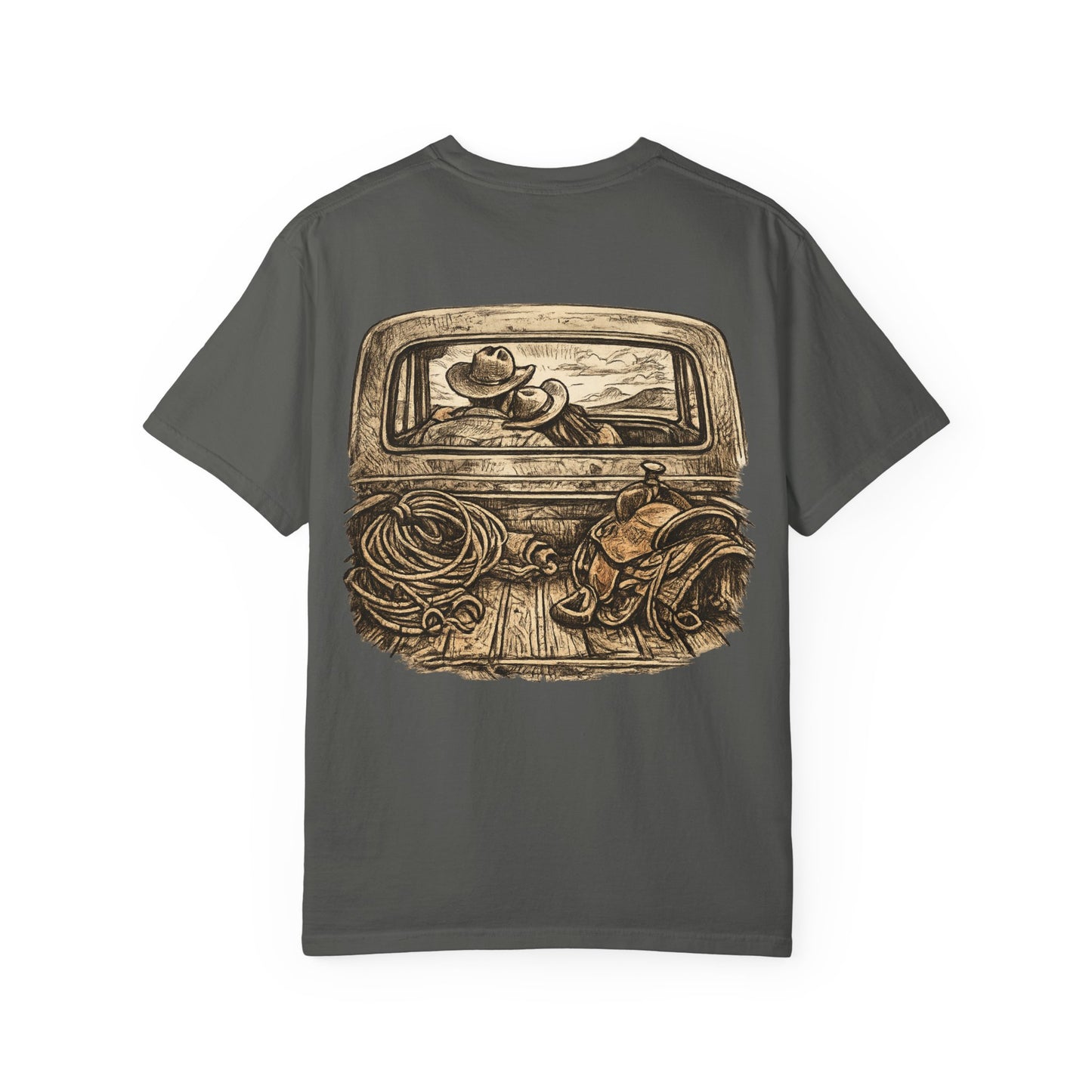Western Romance T-Shirt — Truck Bed, Hat & Saddle Graphic