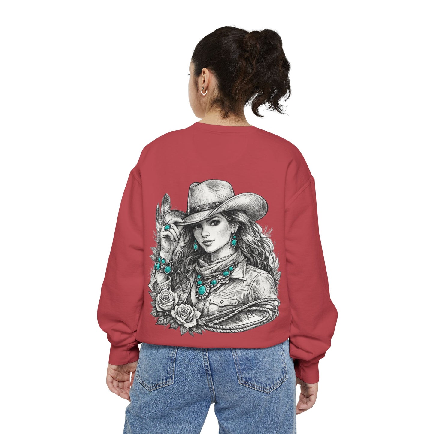Turquoise Cowgirl Portrait Sweatshirt — Western Turquoise Necklace Graphic