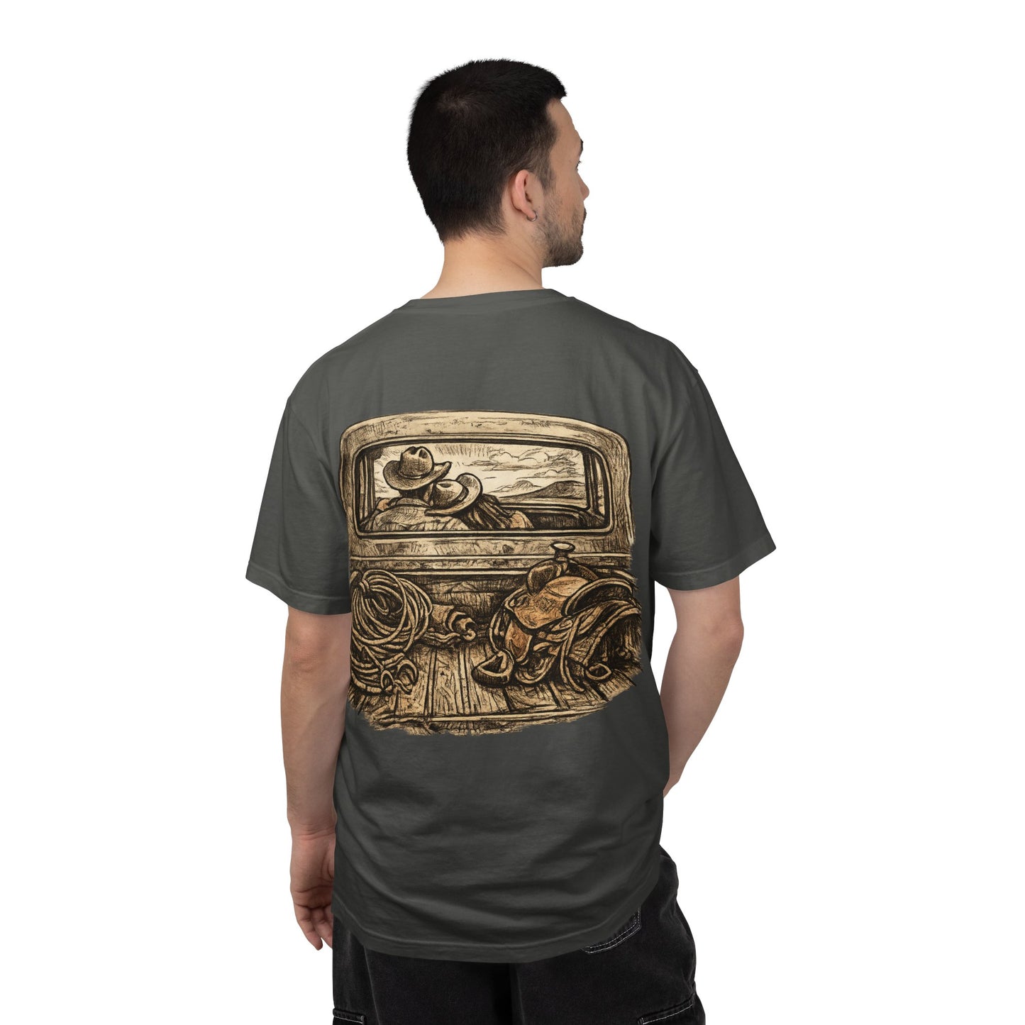 Western Romance T-Shirt — Truck Bed, Hat & Saddle Graphic